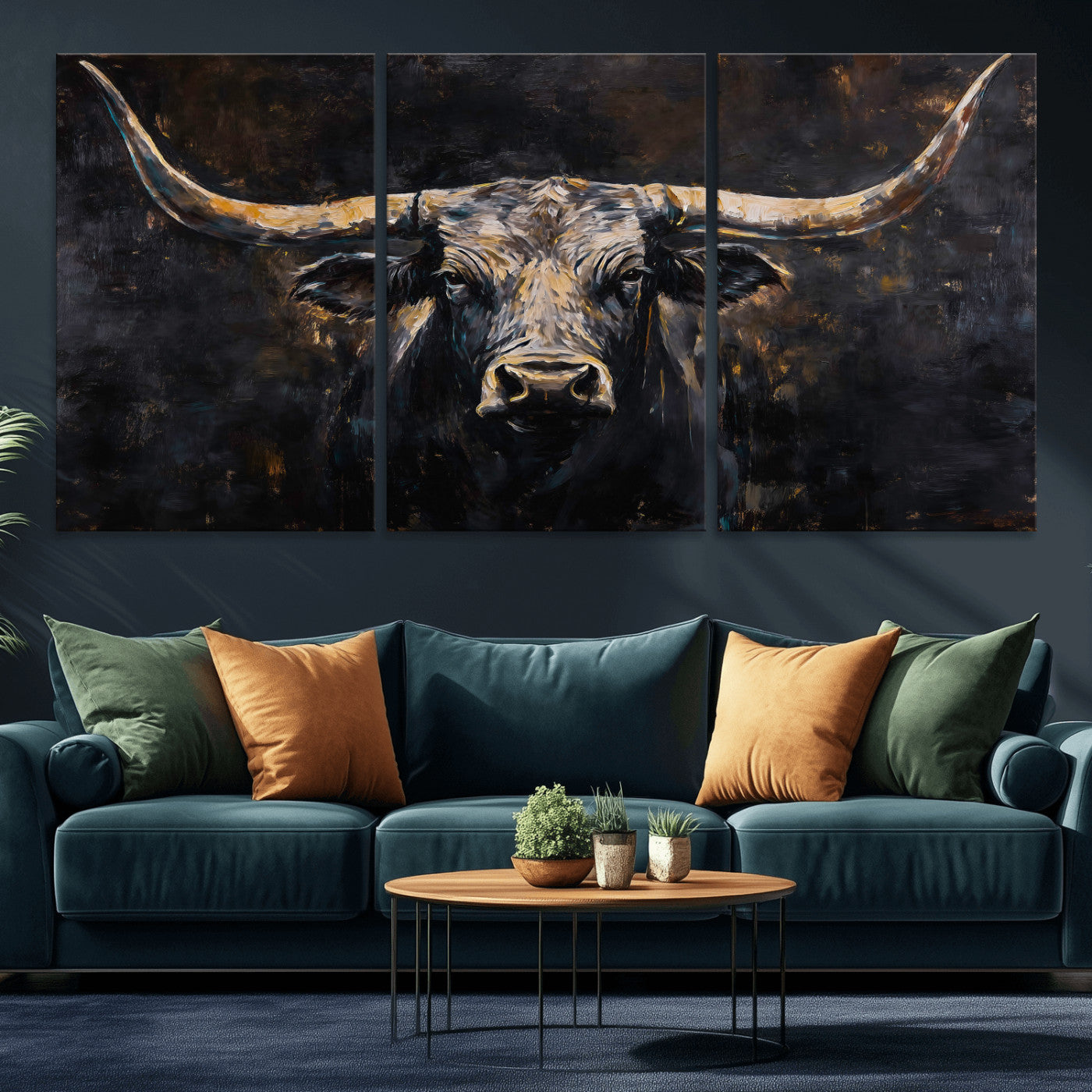 17622011-MGV-CV-36X24 - Abstract Longhorn Bull Wall Art Canvas Print – Dark Rustic Western Cattle Artwork for Farmhouse, Ranch, Cabin, and Office Decor