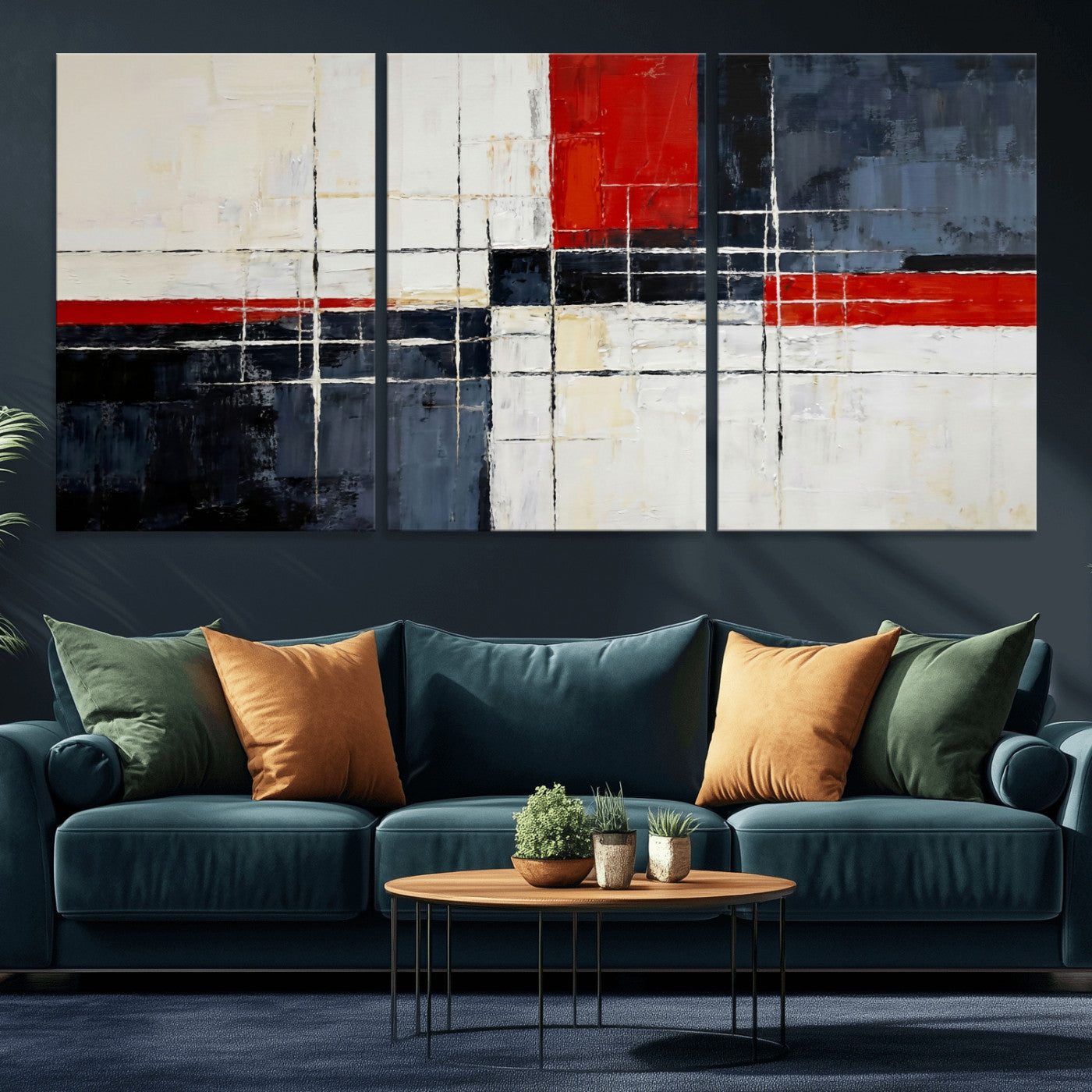 11921181-MGV-CV-36X24 - Navy Red Abstract Wall Art Canvas Print, Modern Luxury Geometric Painting Wall Decor for Living Room and Office