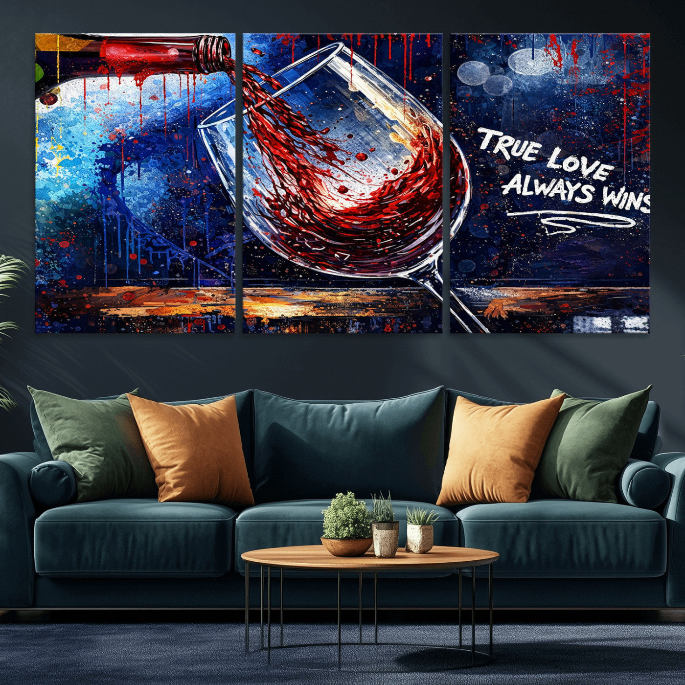 88788932-MGV-CV-36X24 - Red Wine Splash Abstract Wall Art Canvas Print, Modern Wine Glass Painting Canvas Print, Romantic Quote Contemporary Bar Art Print