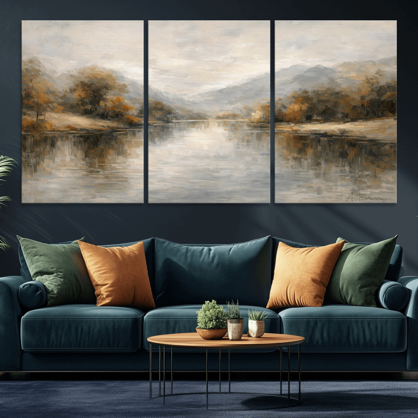 29251761-MGV-CV-36X24 - Neutral Abstract River Landscape Wall Art Canvas Print, Modern Minimal Nature Reflection Canvas Print, Beige Gray Contemporary Mountain Art Printing