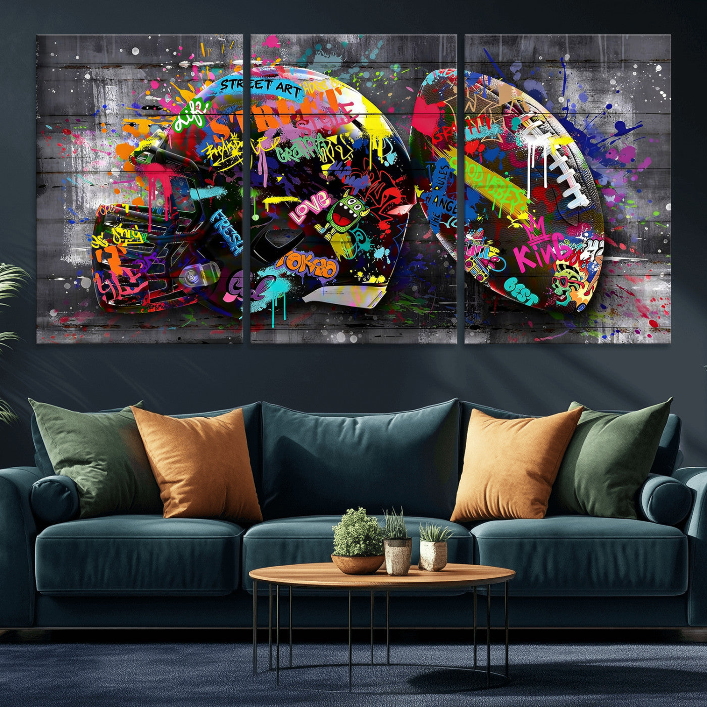 80540773-MGV-CV-36X24 - Graffiti American Football Helmet Street Art Wall Art Canvas Print, Urban Sports Pop Art Football Canvas Print, Colorful Graffiti Sports Contemporary Art Printing