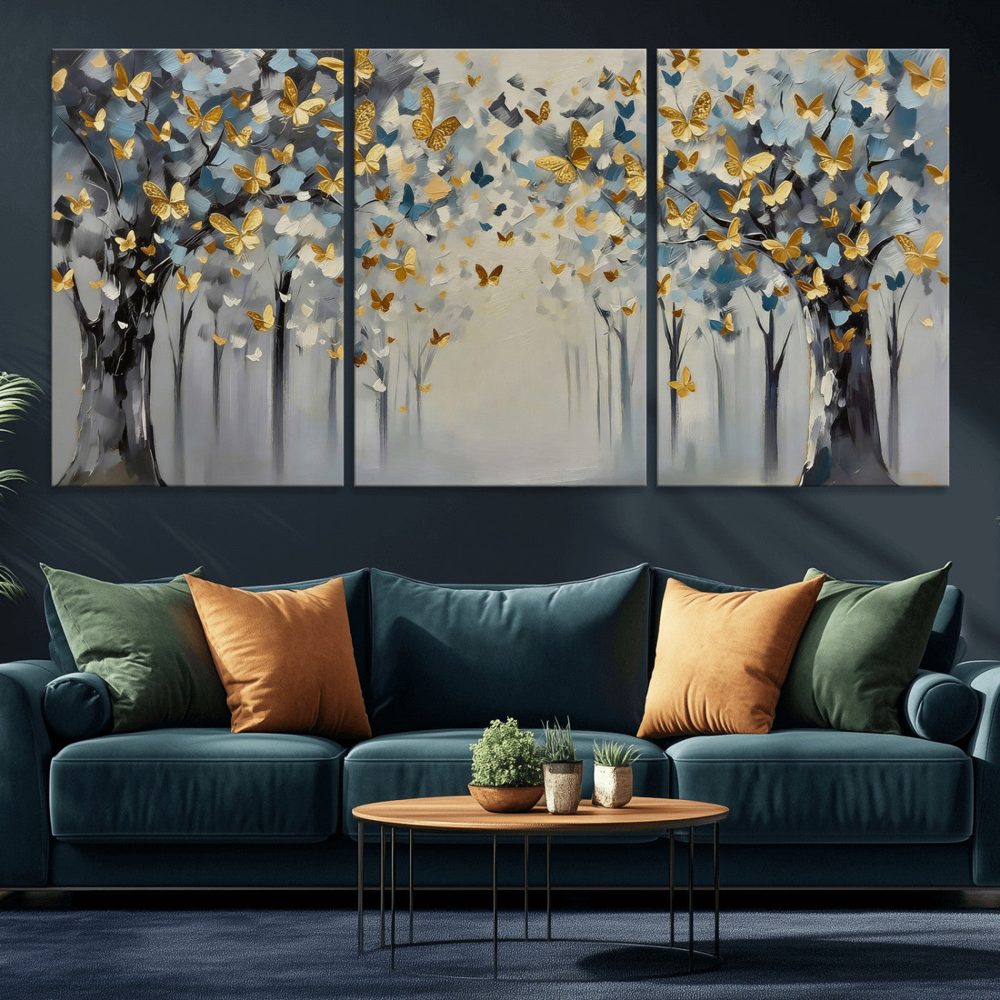 79208191-MGV-CV-36X24 - Golden Butterfly Tree Abstract Wall Art Canvas Print, Modern Elegant Nature Painting Canvas Print, Blue Gold Contemporary Floral Art Printing