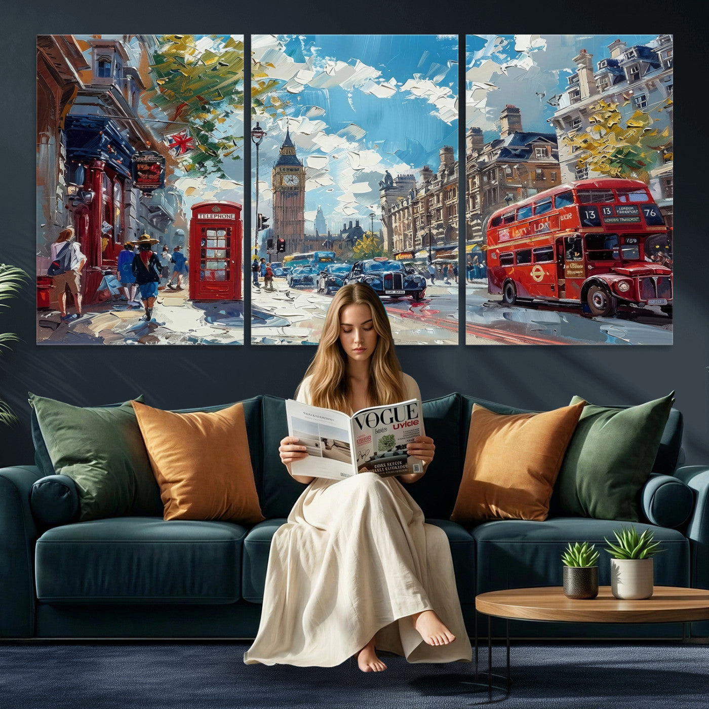 17630888-MGV-CV-36X24 - London Street Canvas Wall Art — Big Ben Red Bus Print | Oil Painting Style | UK City Wall Decor | Travel Art Gift | Living Room Print