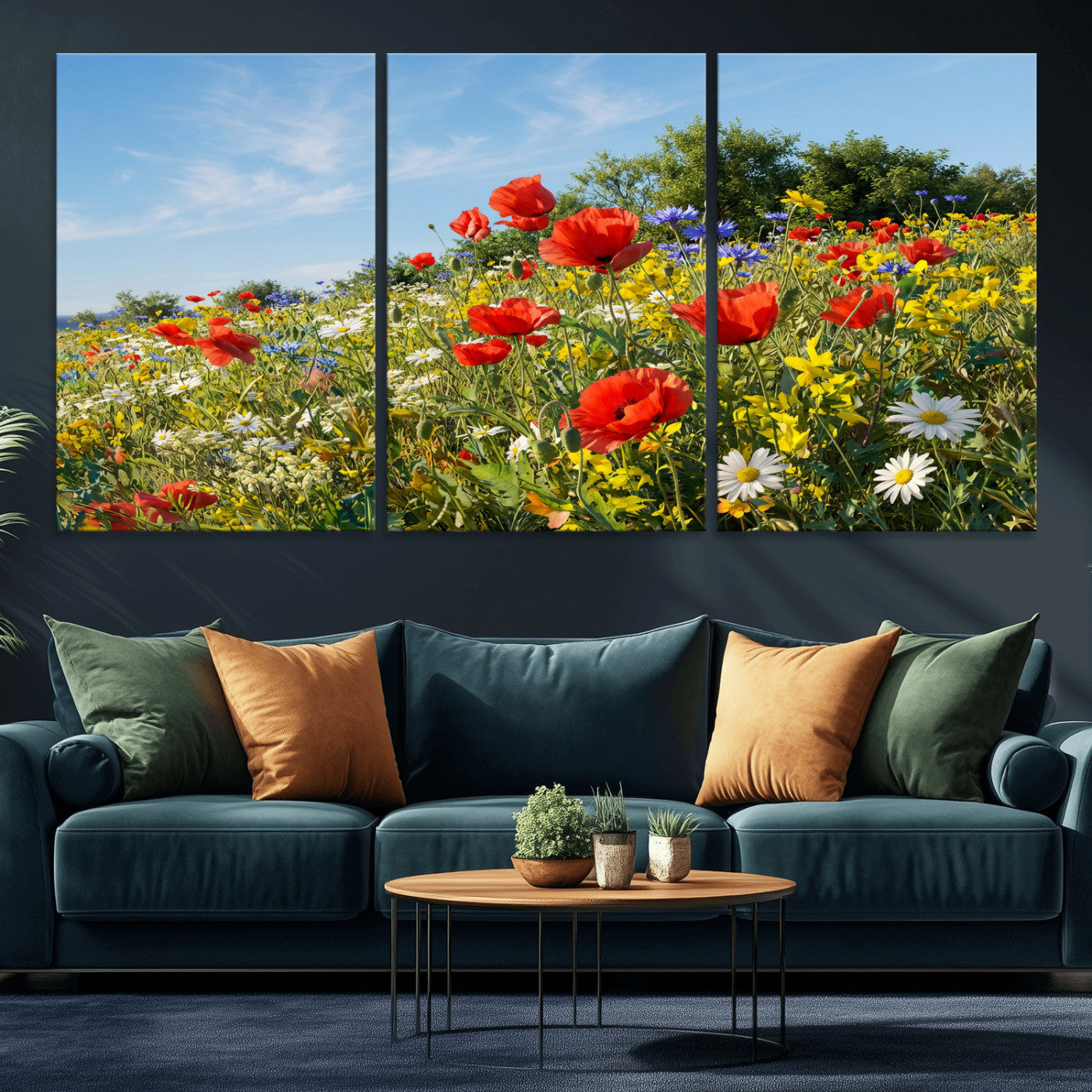 38570784-MGV-CV-36X24 - Wildflower Meadow Wall Art Canvas Print – Colorful Poppy and Daisy Field Landscape Artwork for Living Room Decor