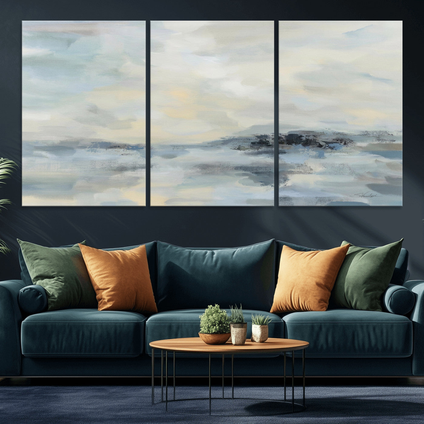 24647355-MGV-CV-36X24 - Abstract Coastal Landscape Wall Art Canvas Print – Soft Blue Gray Minimalist Painting