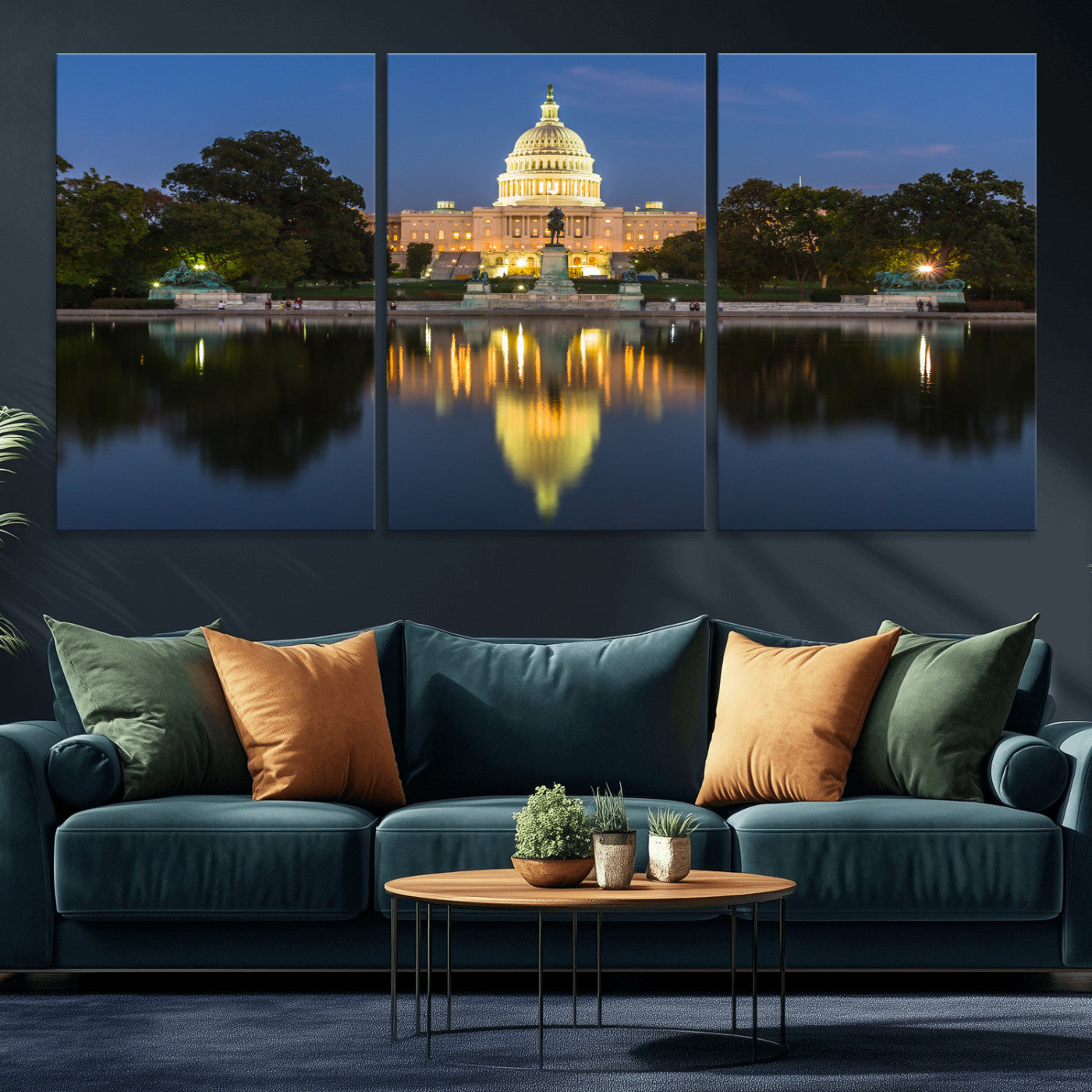 95568590-MGV-CV-36X24 - US Capitol Building Wall Art Canvas Print – Washington DC Landmark Night Reflection Artwork for Office Decor