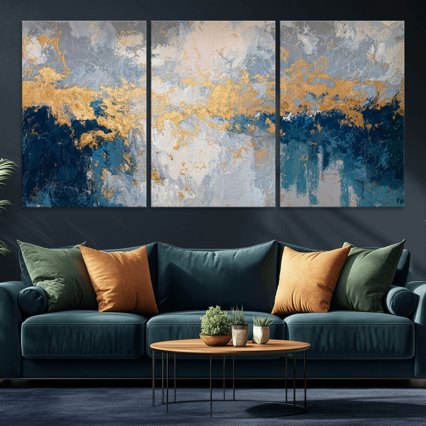 65386119-MGV-CV-36X24 - Blue Gold Abstract Large Framed Canvas Wall Art, Modern Luxury Painting Print in Horizontal Oversized Minimal Wall Decor Artwork