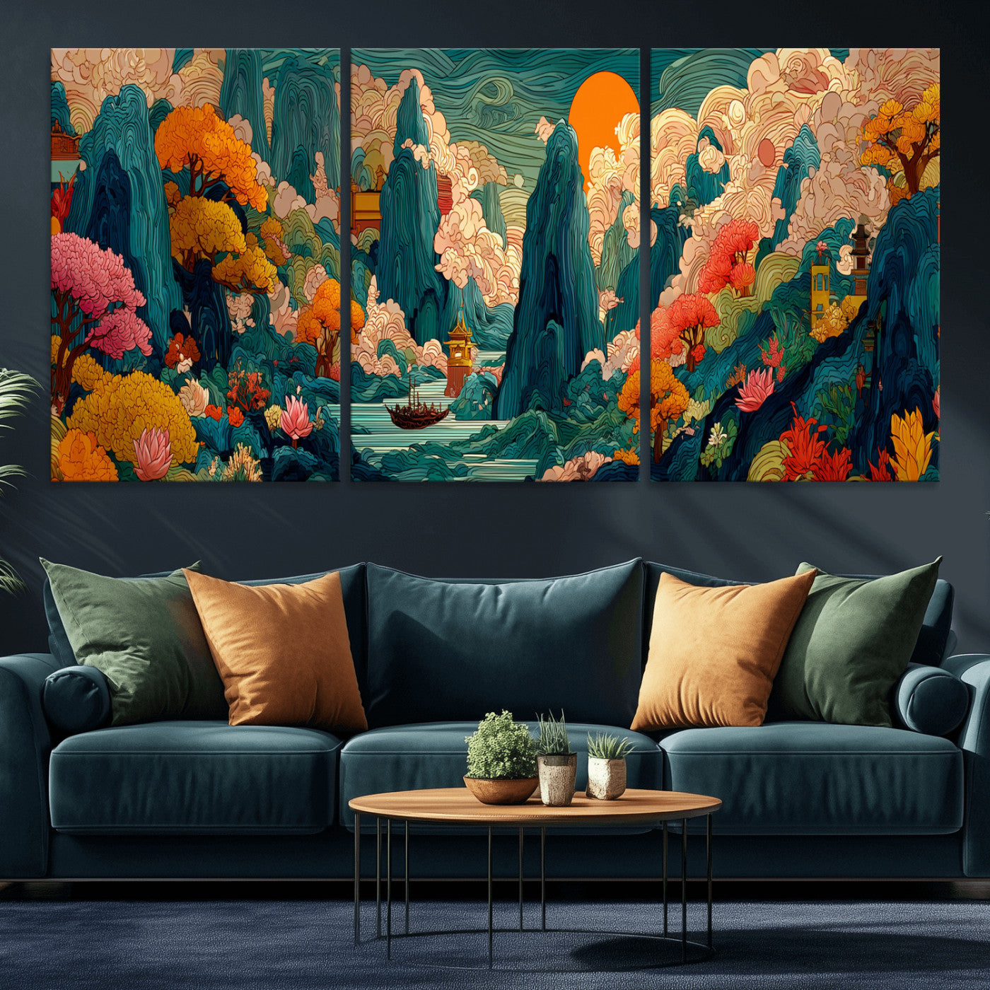 90422518-MGV-CV-48X32-3P - Colorful Japanese Landscape Print: Maximalist Panoramic Wall Art