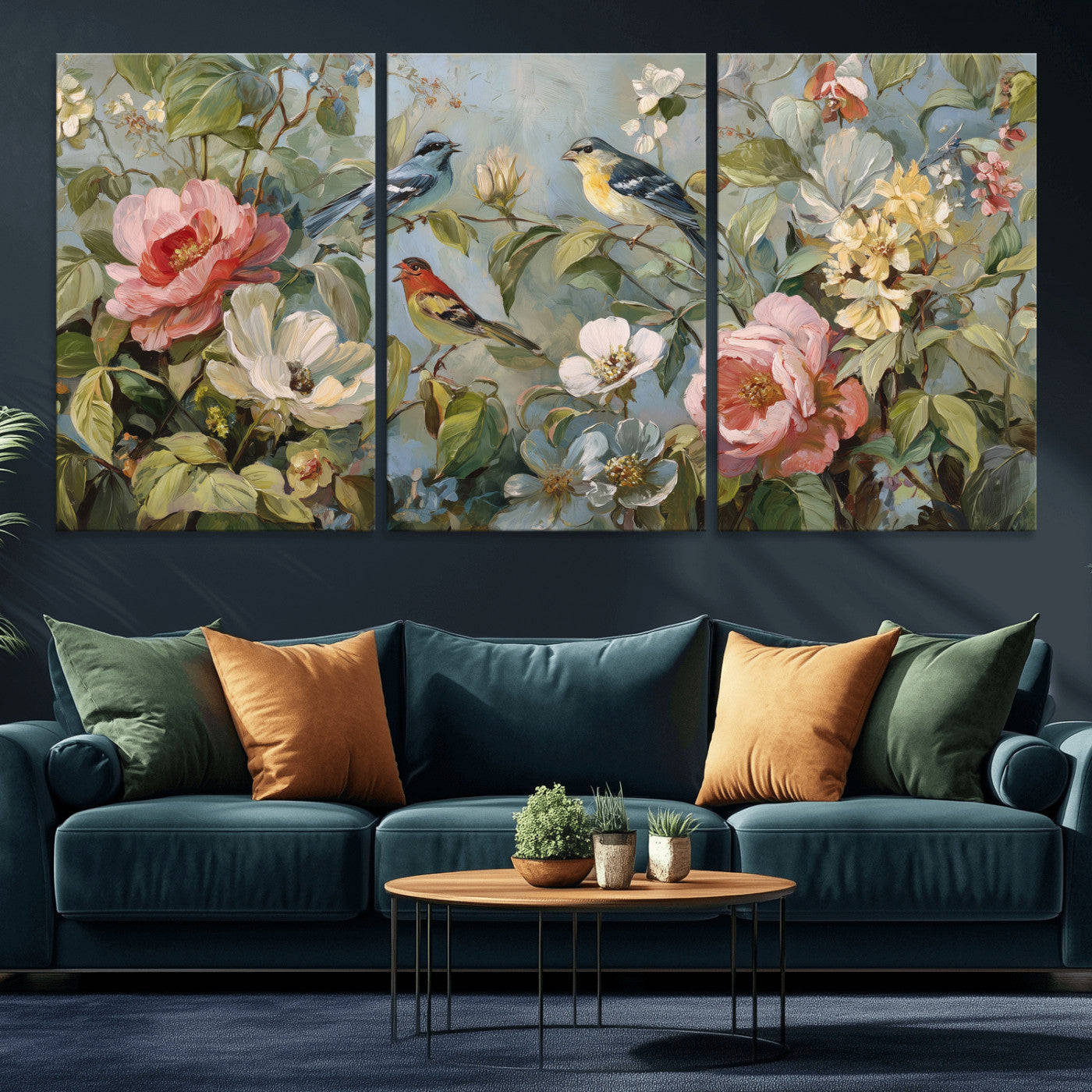 55440837-MGV-CV-36X24 - Vintage Birds and Flowers Wall Art Canvas Print, Botanical Bird Painting Canvas Print, Floral Garden Bird Artwork Canvas Print, Classic Bird Flower Painting Canvas Print
