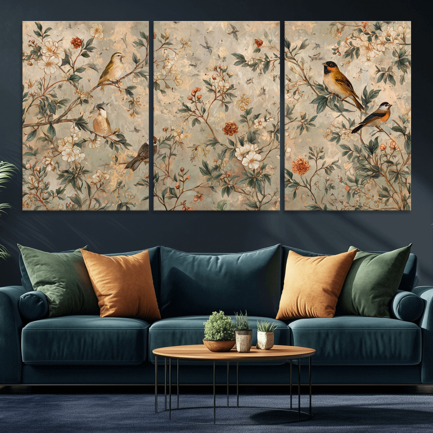 76588438-MGV-CV-36X24 - Vintage Birds and Flowers Wall Art Canvas Print, Botanical Bird Painting Canvas Print, Floral Garden Bird Artwork Canvas Print, Classic Bird Flower Painting Canvas Print