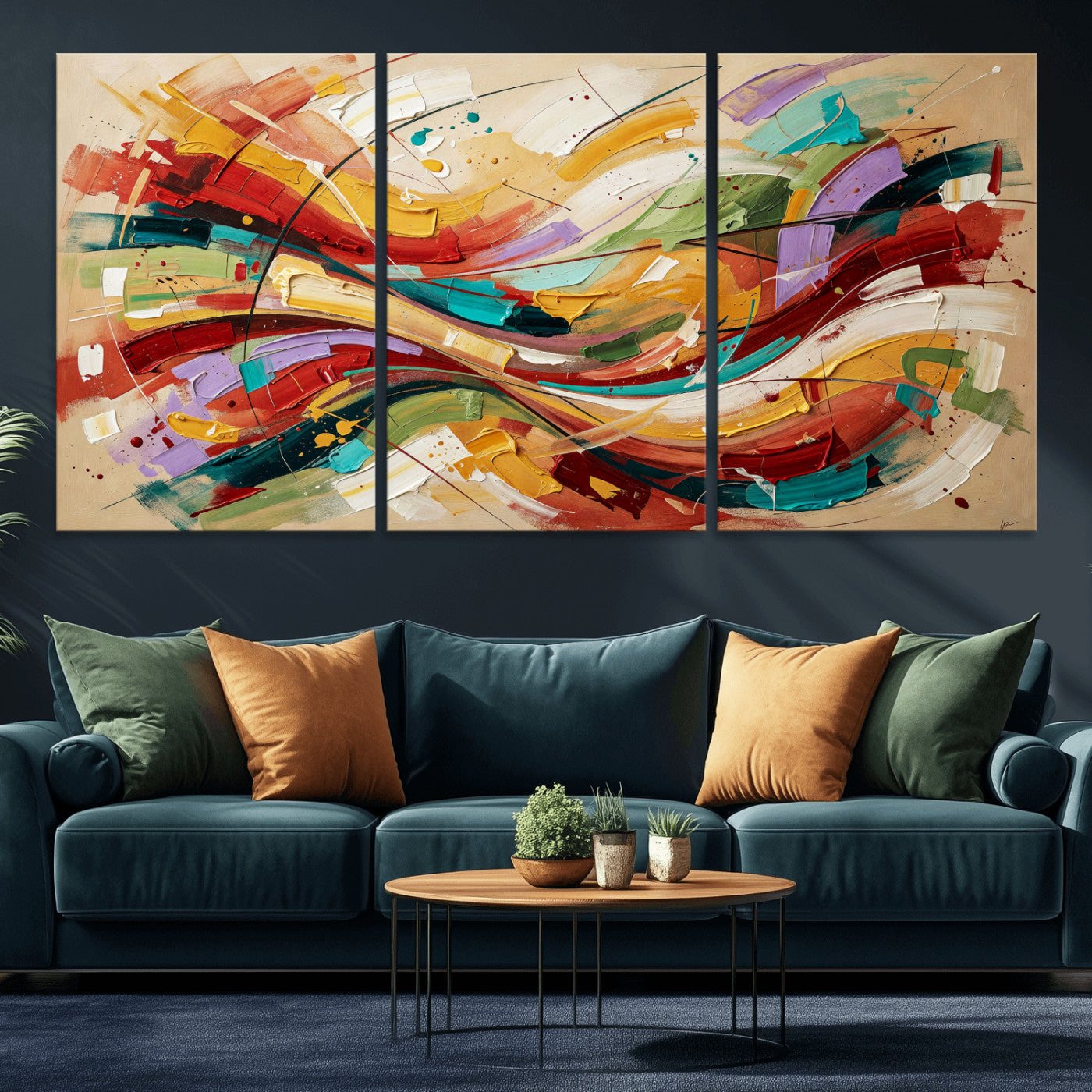 39887645-MGV-CV-36X24 - Geometric Abstract Wall Art Canvas Print, Orange Blue Abstract Expressionist Painting Print, Modern Geometric Abstract Canvas Art