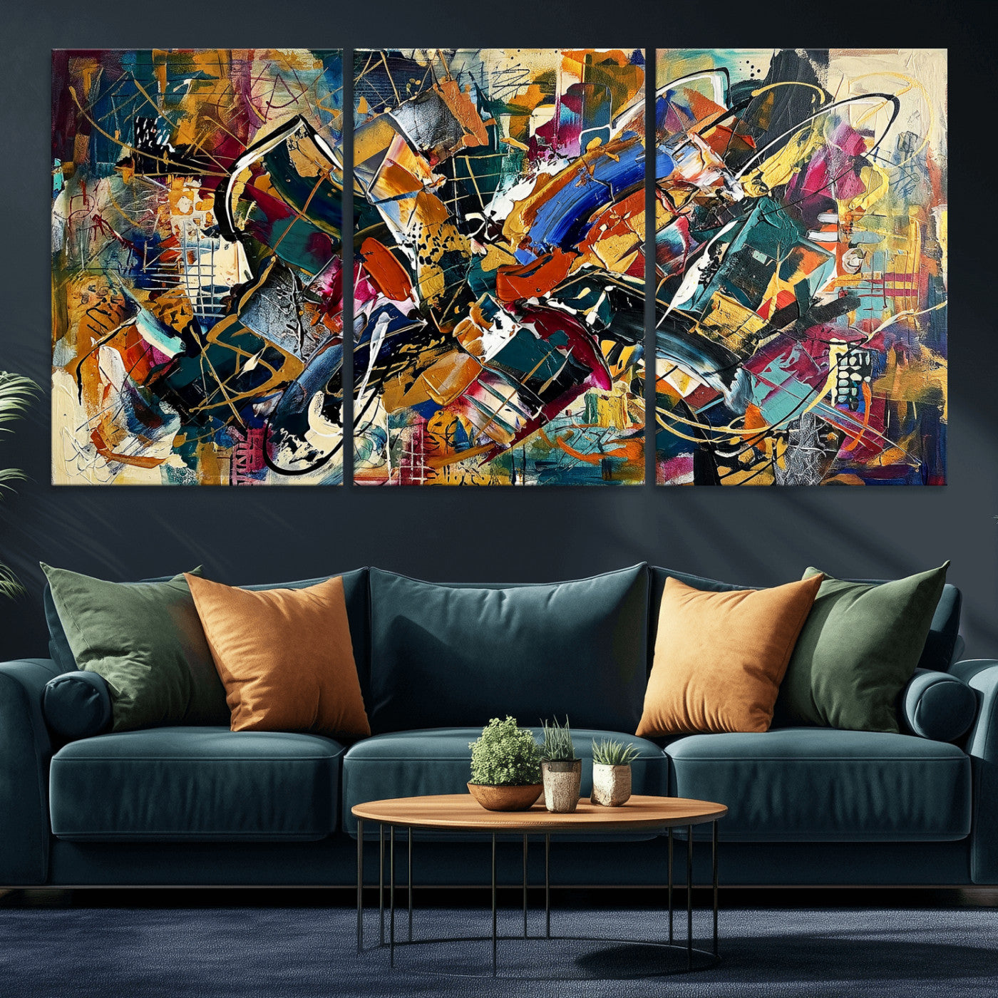 15525527-MGV-CV-36X24 - Geometric Abstract Wall Art Canvas Print, Orange Blue Abstract Expressionist Painting Print, Modern Geometric Abstract Canvas Art