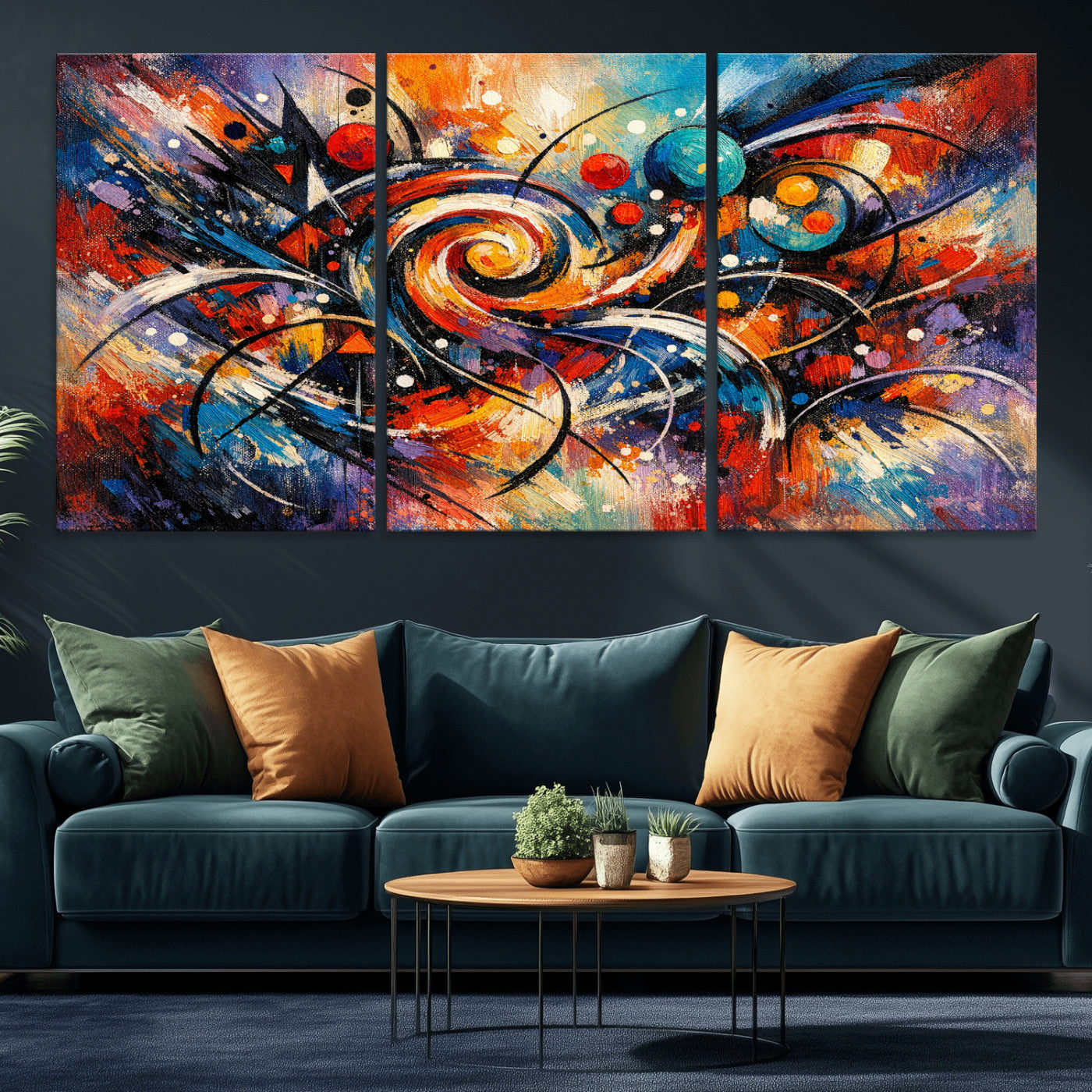 60193267-MGV-CV-36X24 - Geometric Abstract Wall Art Canvas Print, Orange Blue Abstract Expressionist Painting Print, Modern Geometric Abstract Canvas Art