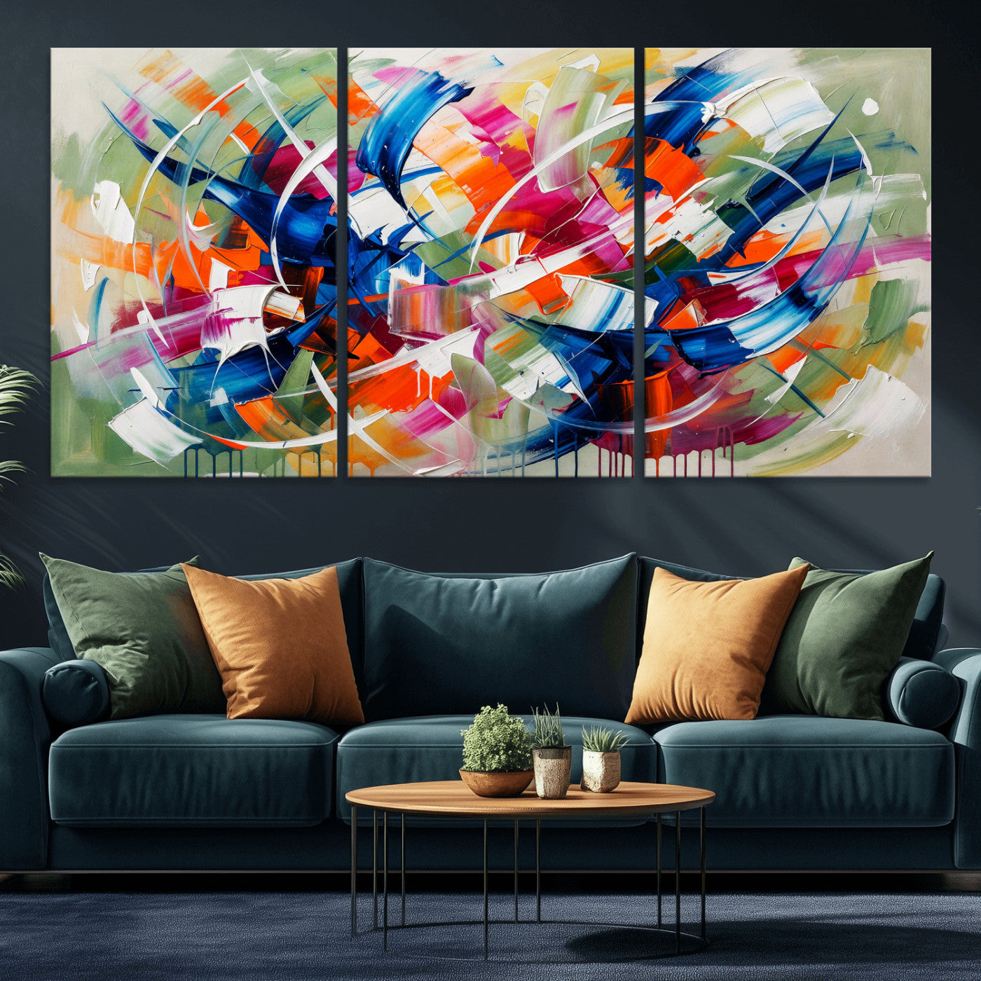 15032888-MGV-CV-36X24 - Geometric Abstract Wall Art Canvas Print, Orange Blue Abstract Expressionist Painting Print, Modern Geometric Abstract Canvas Art