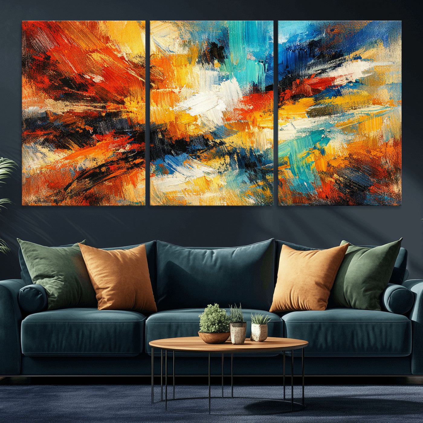 93167583-MGV-CV-36X24 - Geometric Abstract Wall Art Canvas Print, Orange Blue Abstract Expressionist Painting Print, Modern Geometric Abstract Canvas Art