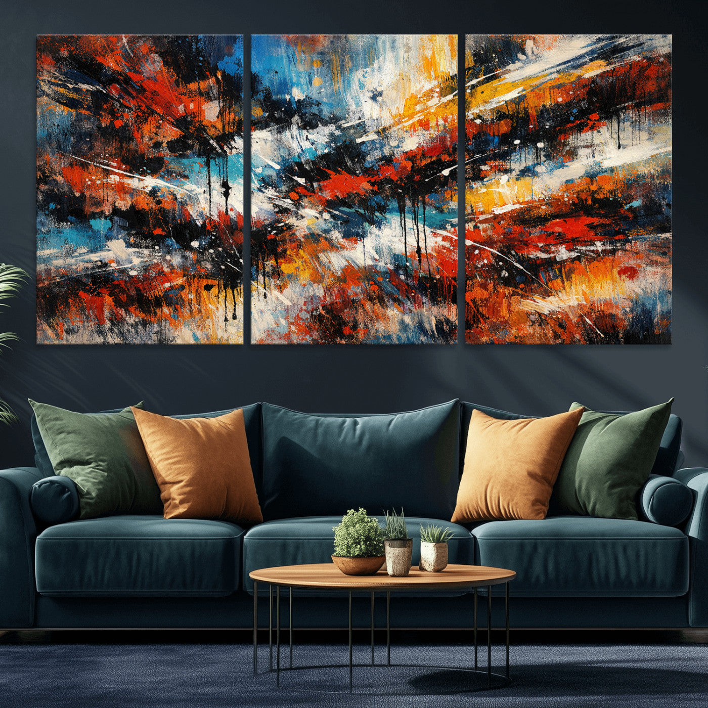 80276069-MGV-CV-36X24 - Geometric Abstract Wall Art Canvas Print, Orange Blue Abstract Expressionist Painting Print, Modern Geometric Abstract Canvas Art