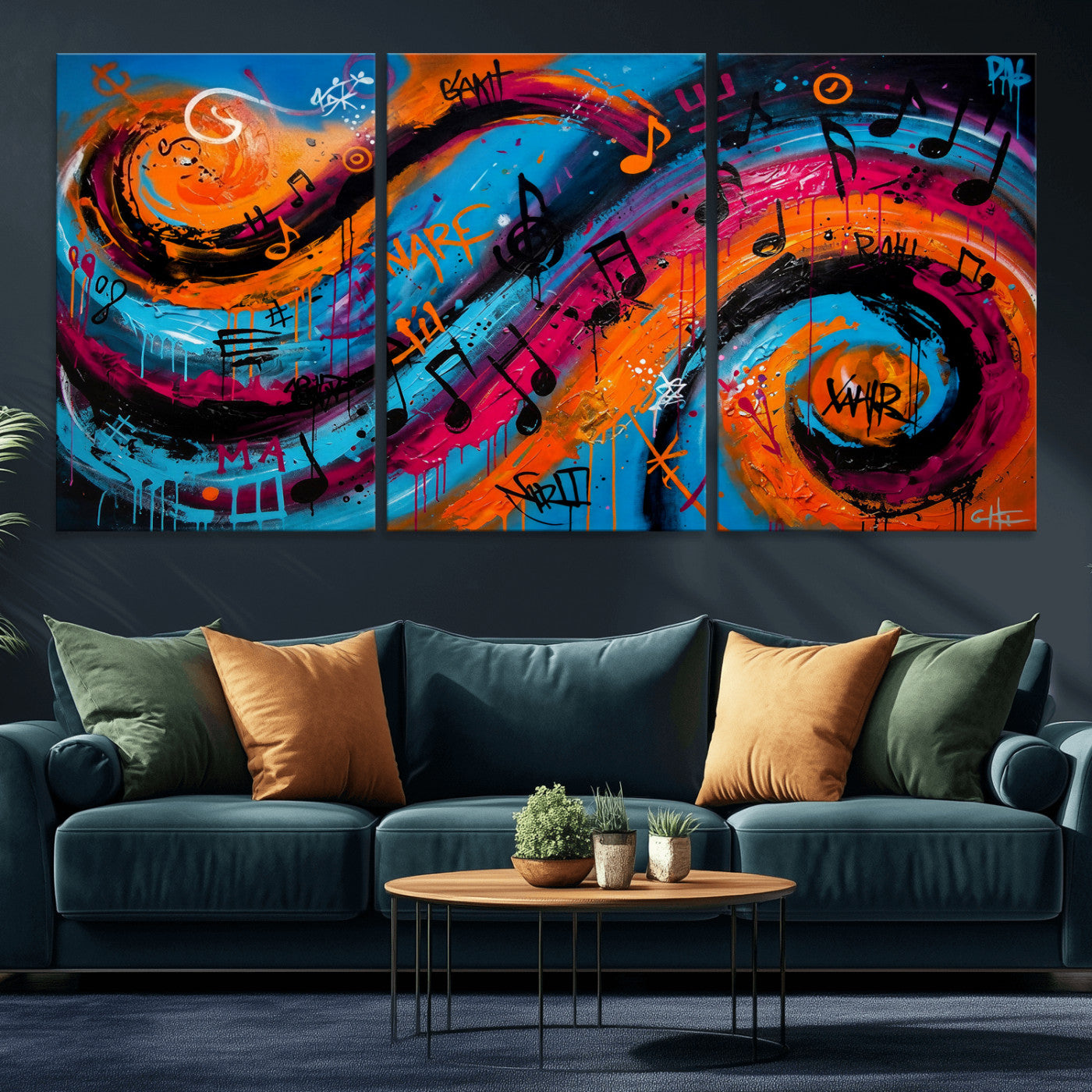 34936518-MGV-CV-36X24 - Geometric Abstract Wall Art Canvas Print, Orange Blue Abstract Expressionist Painting Print, Modern Geometric Abstract Canvas Art