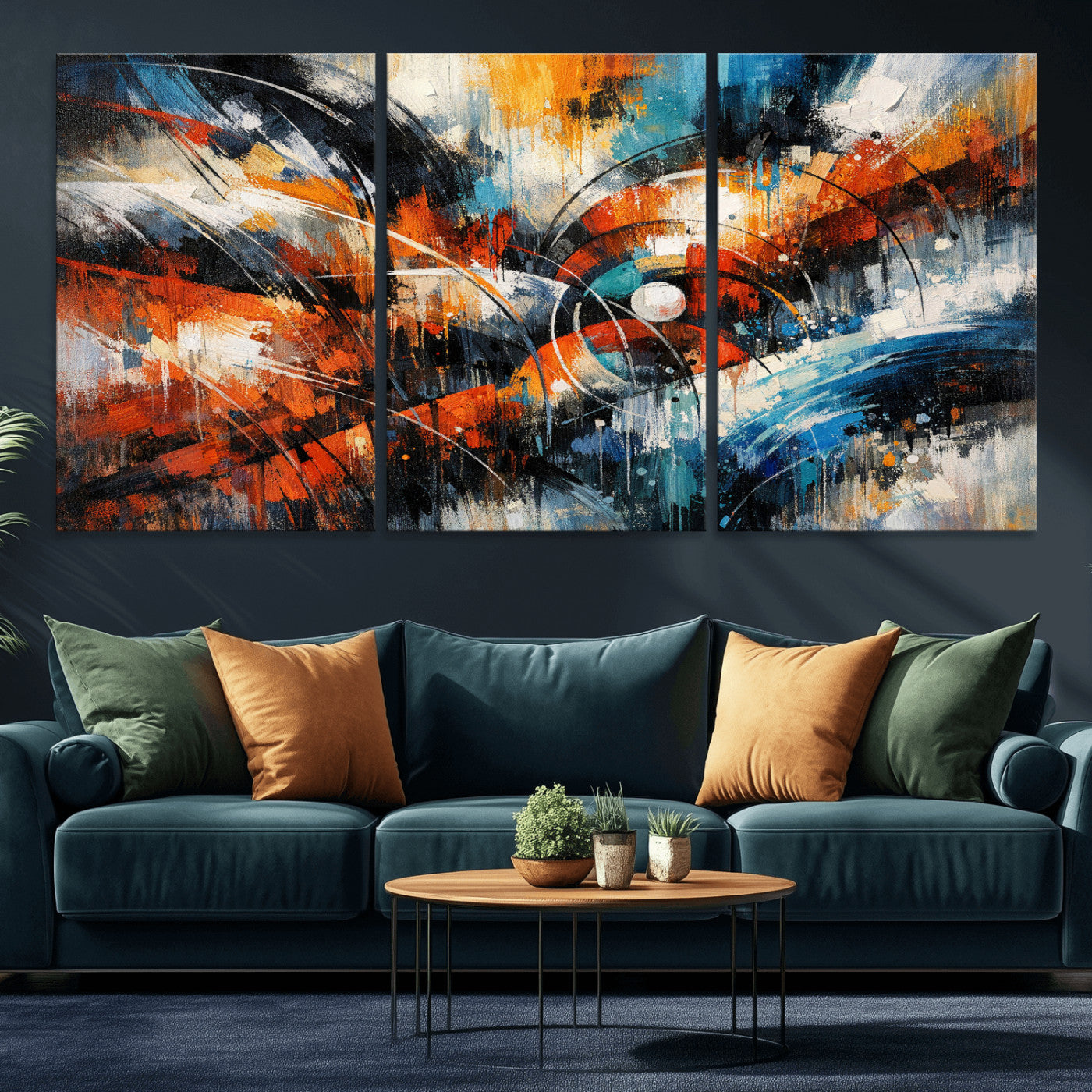 47120691-MGV-CV-36X24 - Geometric Abstract Wall Art Canvas Print, Orange Blue Abstract Expressionist Painting Print, Modern Geometric Abstract Canvas Art