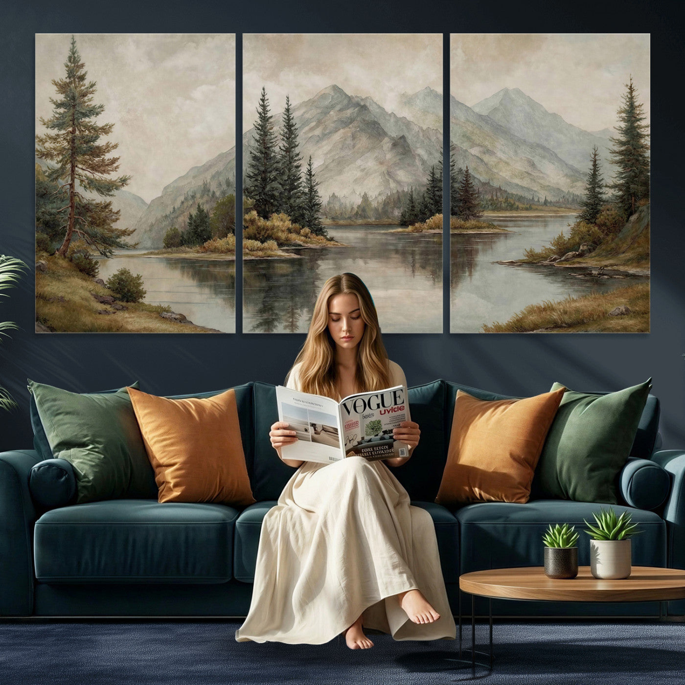 4712069V1-MGV-CV-60X30-3P - Vintage Mountain Landscape Wall Art Canvas Print Set, Rustic Nature Triptych Canvas, Neutral Lake Forest Mountain Wall Decor