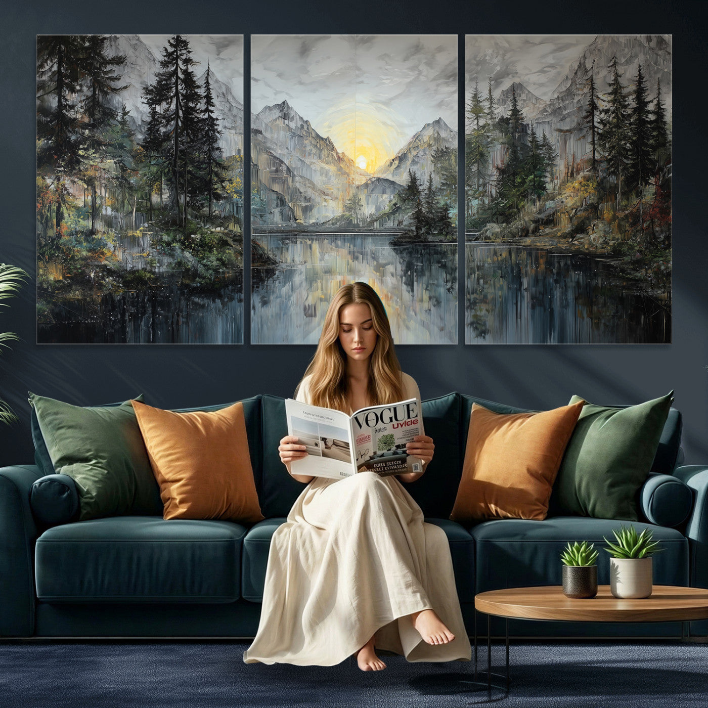 72377107-MGV-CV-60X30-3P - Drip Style Forest Lake Gold Art — Abstract Expressionist Mountain Print | Grey Pine Tree Canvas | Moody Nature Wall Decor | Large Panoramic Art