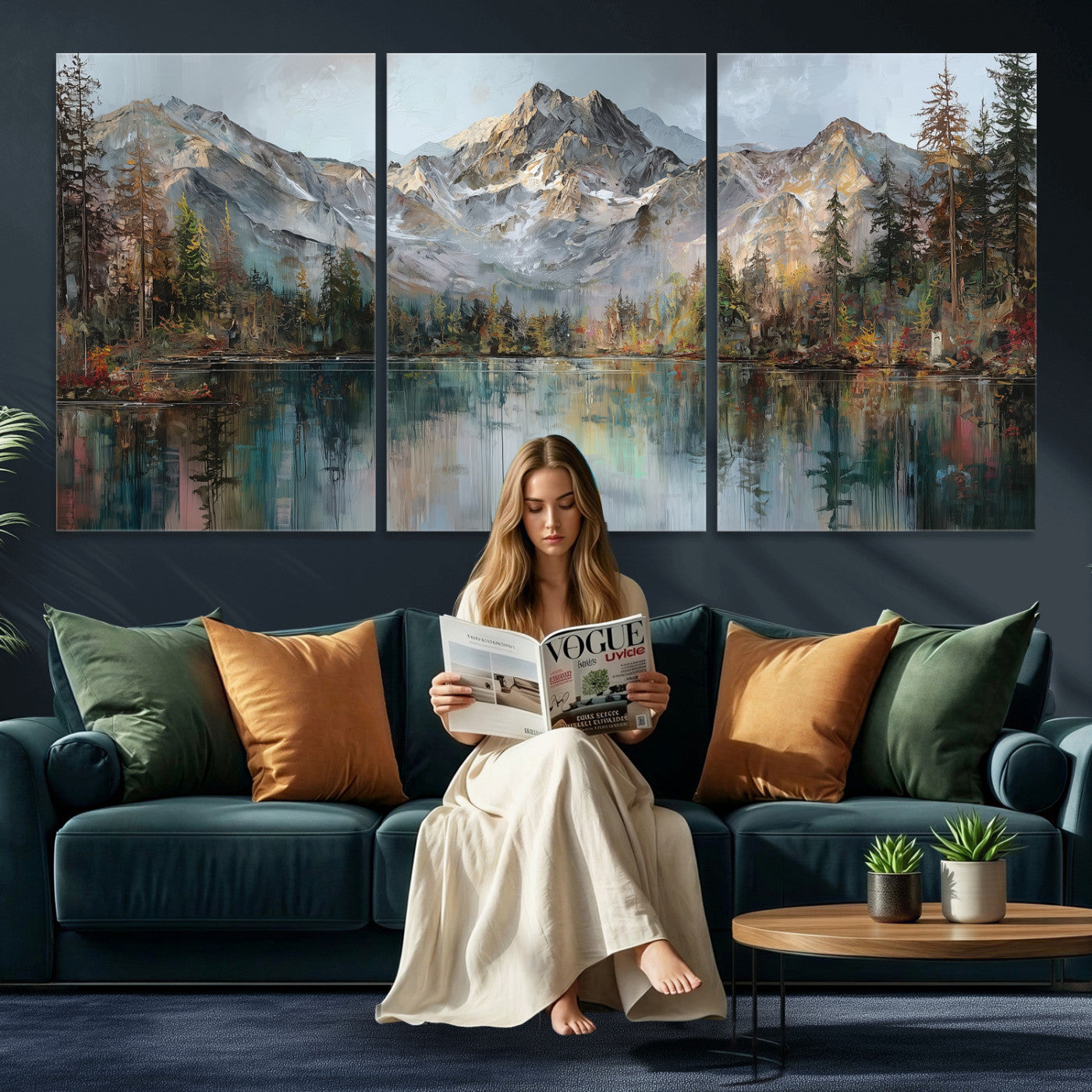 15527546-MGV-CV-60X30-3P - Drip Style Forest Lake Gold Art — Abstract Expressionist Mountain Print | Grey Pine Tree Canvas | Moody Nature Wall Decor | Large Panoramic Art