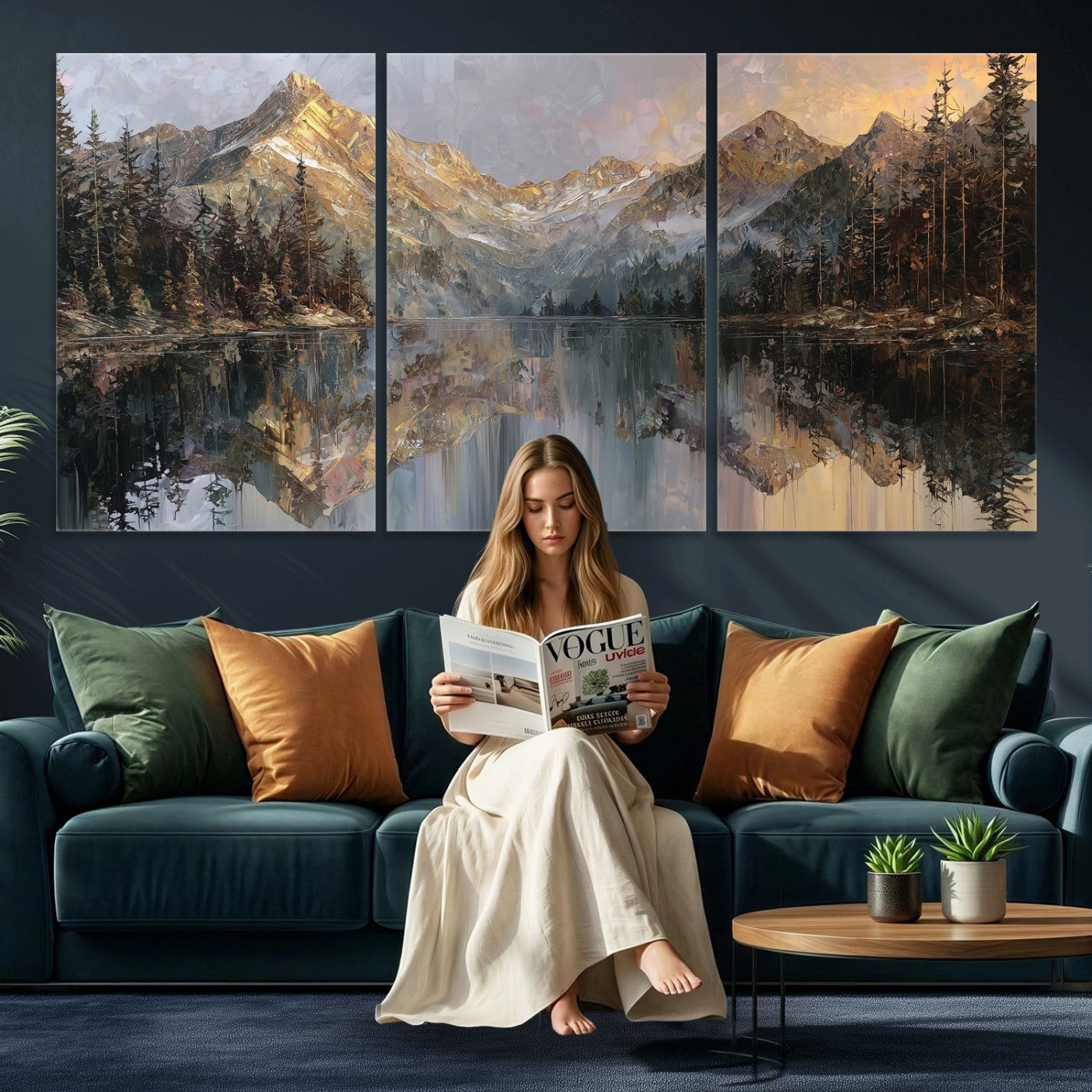 37675699-MGV-CV-60X30-3P - Drip Style Forest Lake Gold Art — Abstract Expressionist Mountain Print | Grey Pine Tree Canvas | Moody Nature Wall Decor | Large Panoramic Art