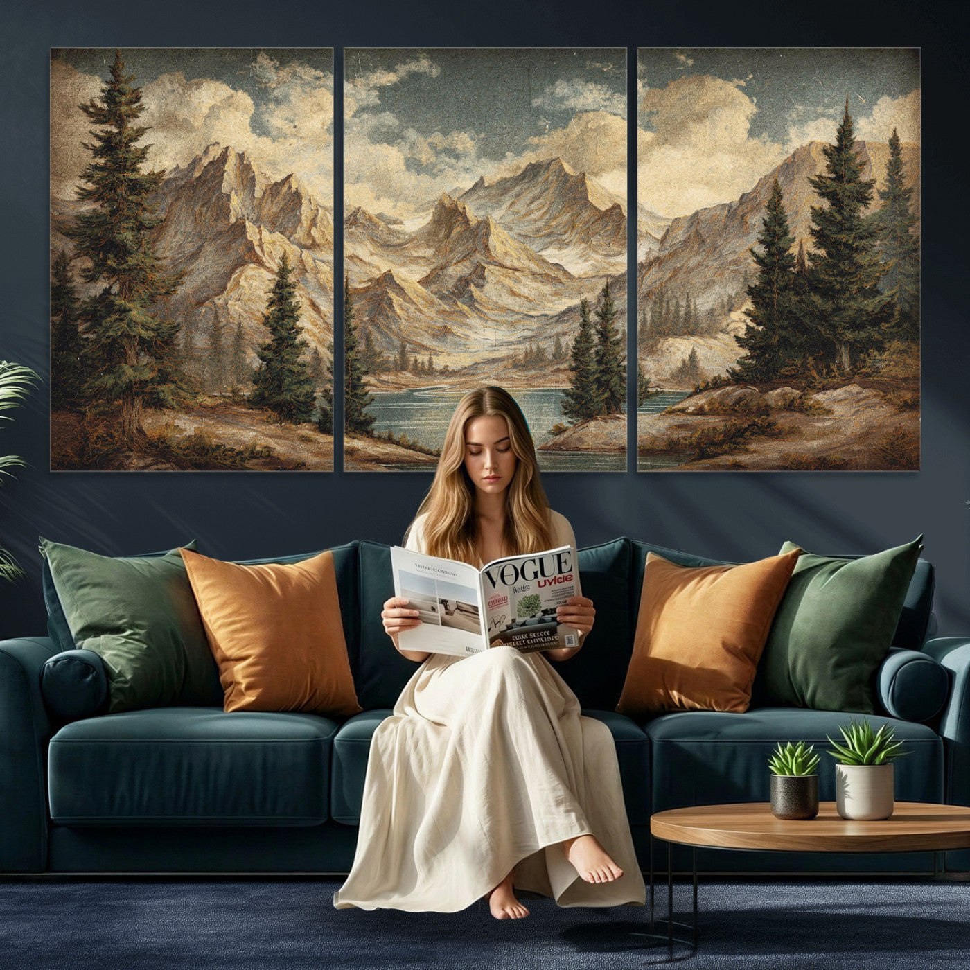 62093020-MGV-CV-60X30-3P - Drip Style Forest Lake Gold Art — Abstract Expressionist Mountain Print | Grey Pine Tree Canvas | Moody Nature Wall Decor | Large Panoramic Art