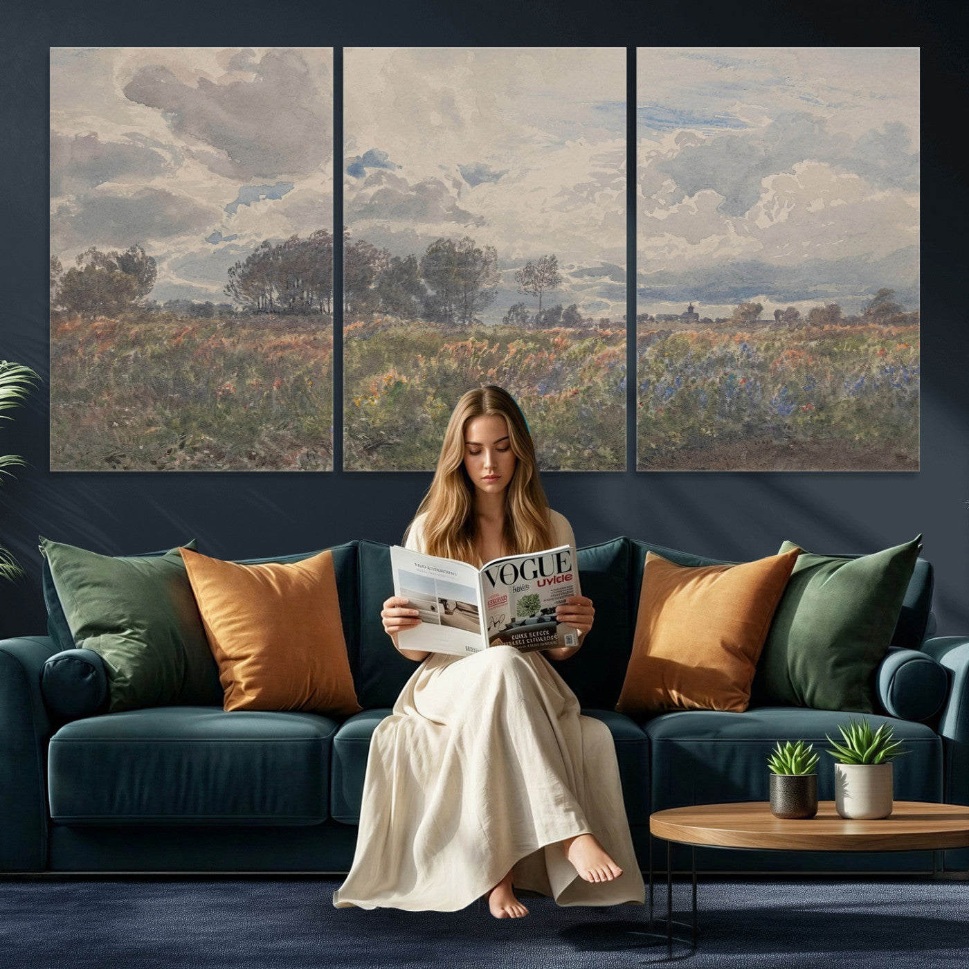 76626885-MGV-CV-36X24 - Vintage Watercolor Meadow Canvas Wall Art — English Pastoral Wildflower Storm Sky Print | Cottagecore Nature Decor | Classic Landscape Gift