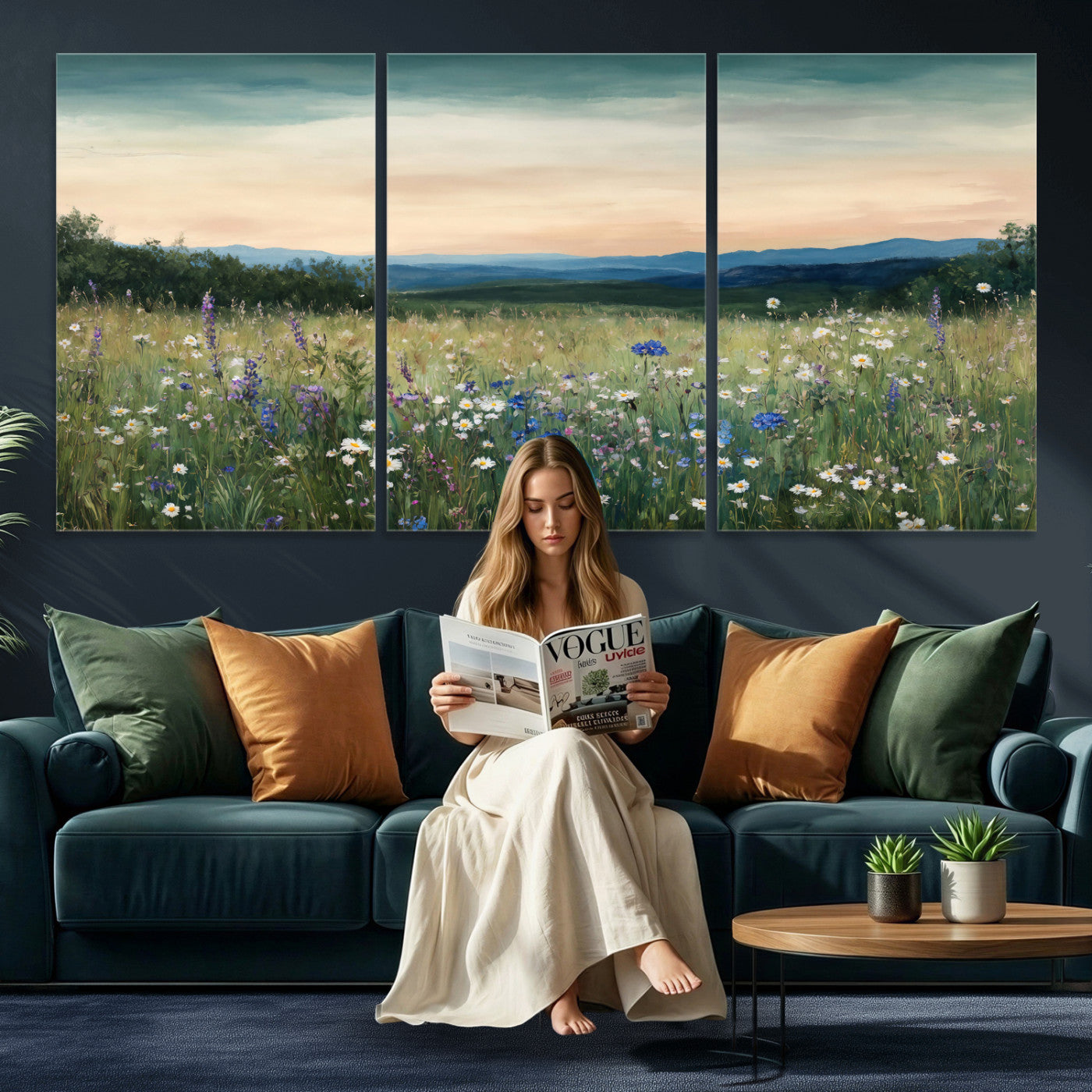 35773805-MGV-CV-36X24 - Wildflower Meadow Oil Painting Canvas Print - Daisy Lavender Mountain Sunset Print | Cottagecore Floral Wall Art - Bedroom Decor Gift for Her