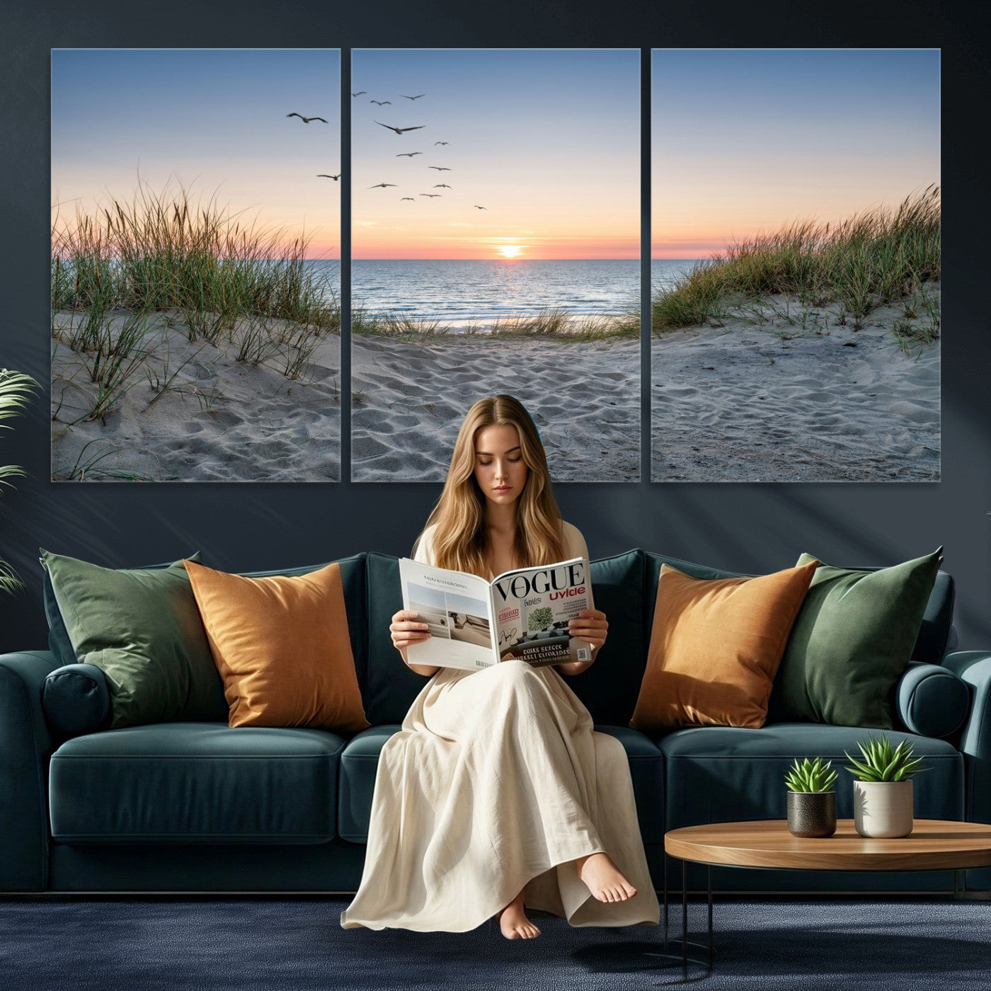 12172032-MGV-CV-36X24 - Sandy Dune Path Sunset Canvas Wall Art — Seagulls Beach Ocean Photography Print | Coastal Home Decor | Nautical Wall Art | Beach House Gift