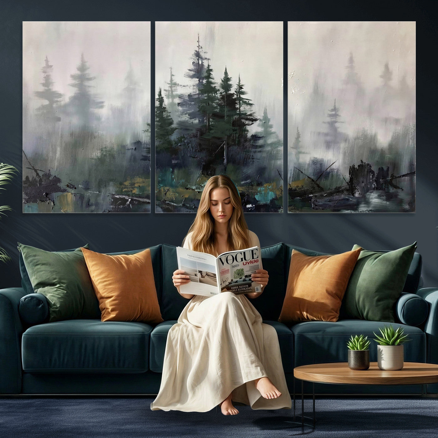 94143325-MGV-CV-36X24 - Misty Pine Forest Oil Painting Canvas — Dark Moody Teal Grey Tree Print | Japandi Scandinavian Wall Art | Minimalist Nature Decor Gift