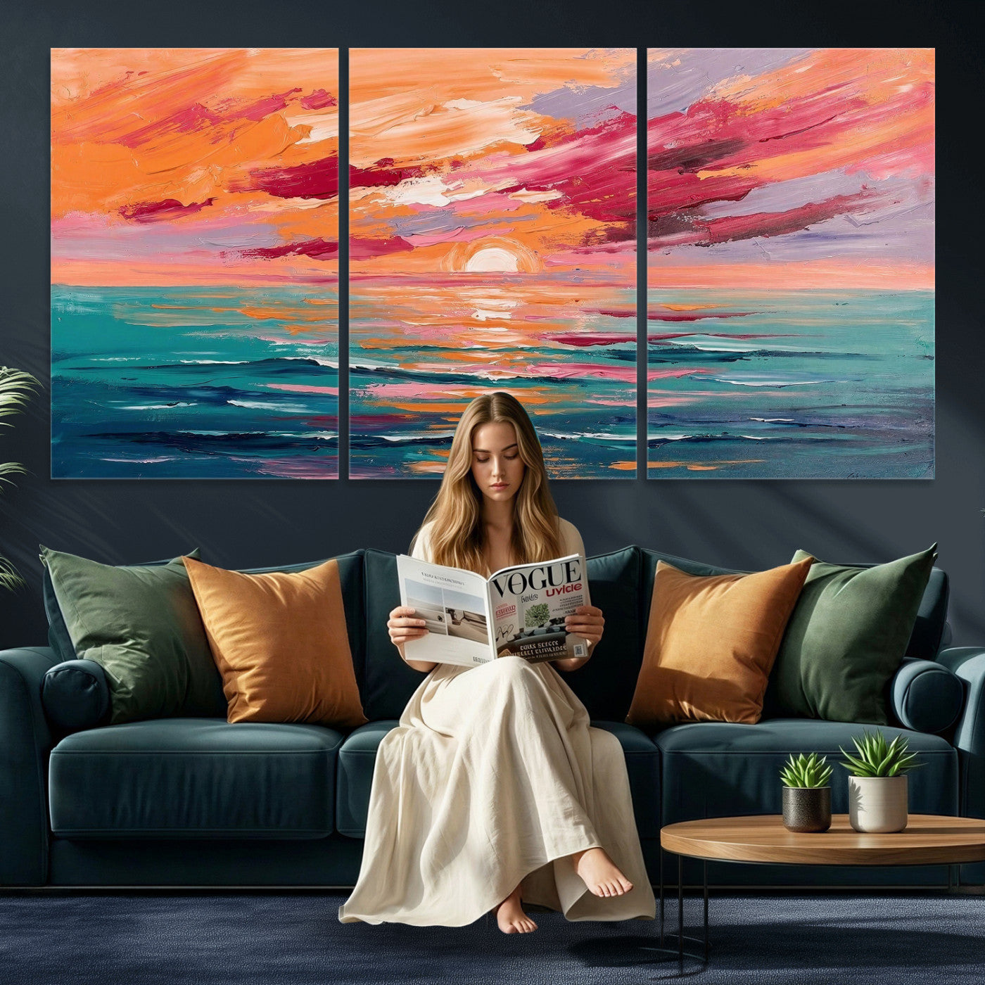 26763902-MGV-CV-36X24 - Bold Palette Knife Ocean Sunset Canvas — Orange Pink Teal Expressionist Sea Print | Colorful Coastal Wall Art | Vibrant Beach Decor Gift