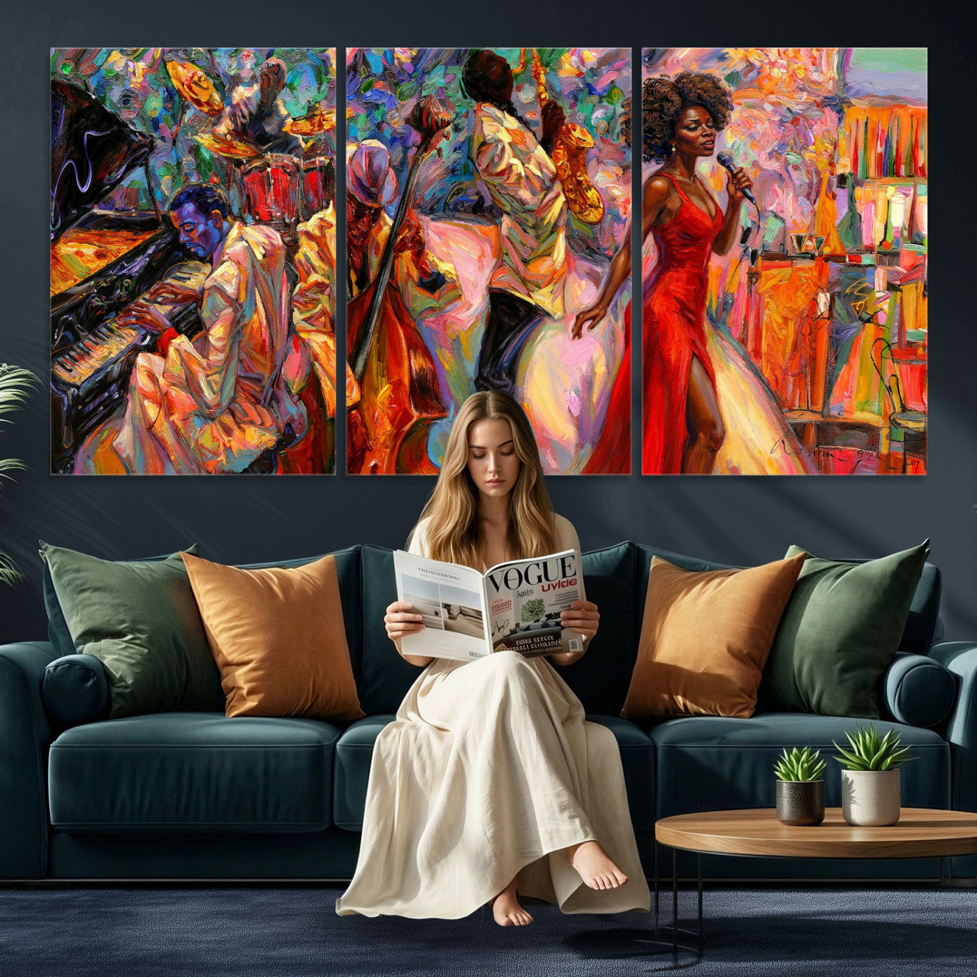 72615137-MGV-CV-36X24 - African American Jazz Singer Canvas Art - Red Dress Black Woman Music Print | Colorful Jazz Band Wall Decor | Living Room Gift for Her