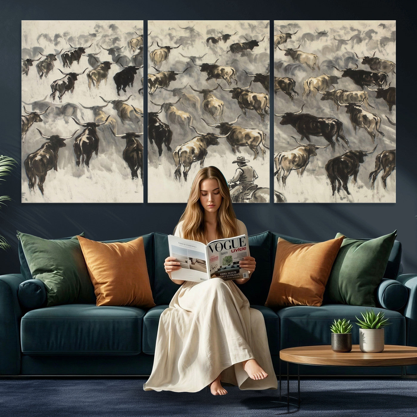 48049876-MGV-CV-36X24 - Cowboy Cattle Drive Canvas Wall Art, Western Longhorn Herd Ink Painting Print, Ranch Rodeo Decor, Black White Western Art, Large Living Room Art