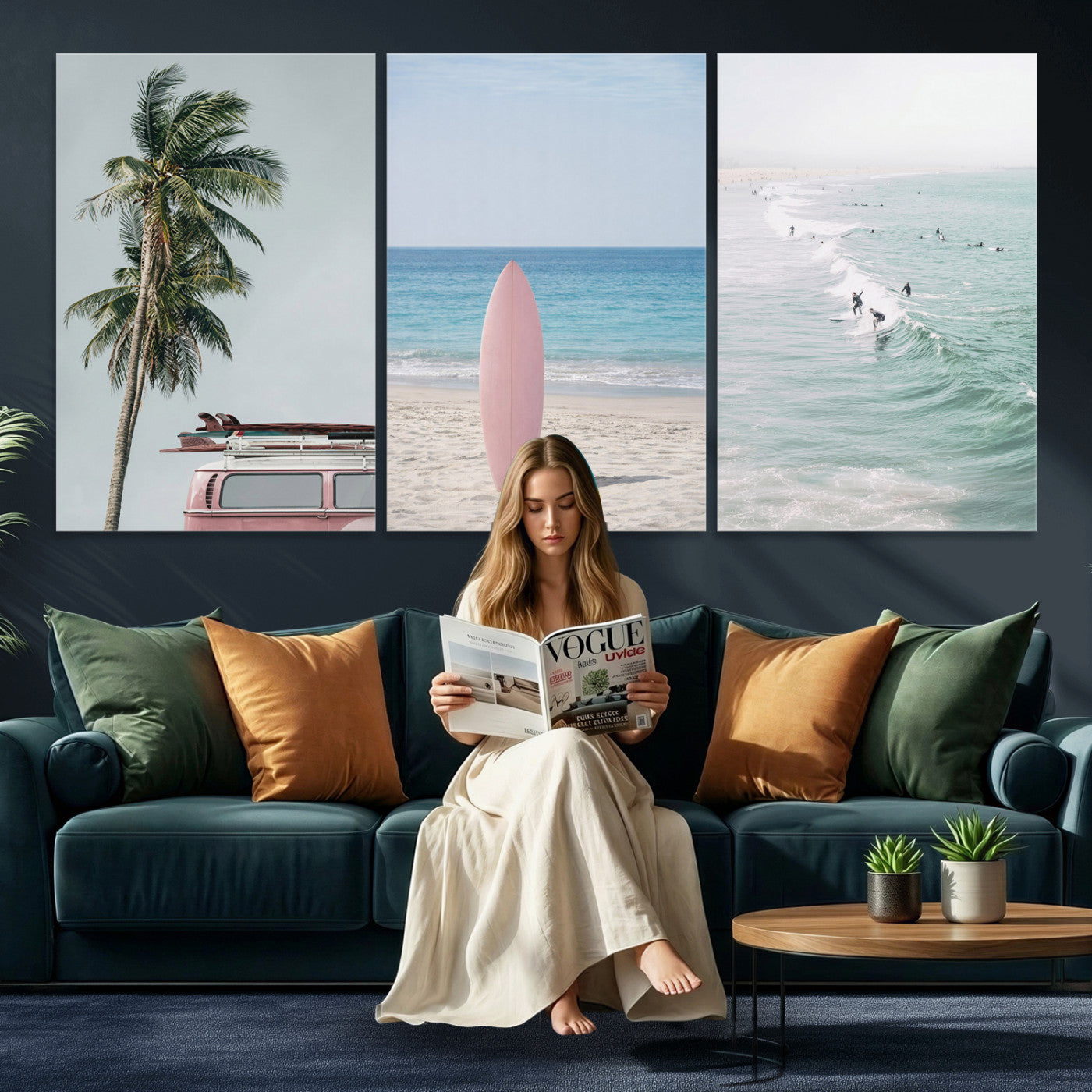 39028765-MGV-CV-60X30-3P - Surf Canvas Wall Art Set, Pink Surfboard VW Van Palm Tree Triptych, Beach House Coastal Decor, Pastel Ocean Photography Print, Boho Surf Decor