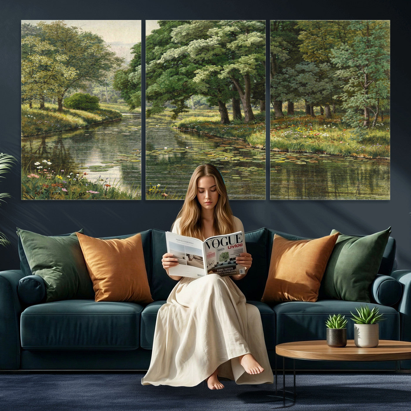 44288560-MGV-CV-36X24 - Forest Stream Canvas Wall Art, Peder Monsted A Forest Stream 1905 Print, Danish Realist Landscape, Lily Pad River Nature Decor, Vintage Green Painting