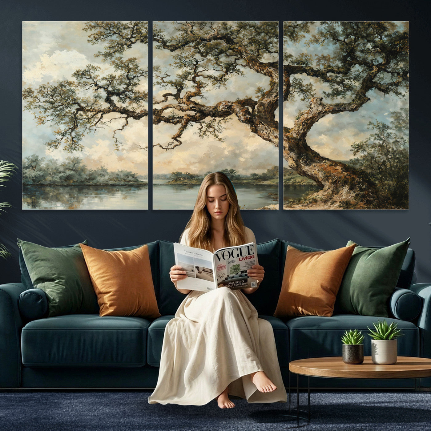 63857726-MGV-CV-36X24 - Old Oak Tree Canvas Wall Art, Turner Inspired Romantic Landscape Print, Vintage Nature Painting, Living Room Wall Decor, Antique Style Tree Art