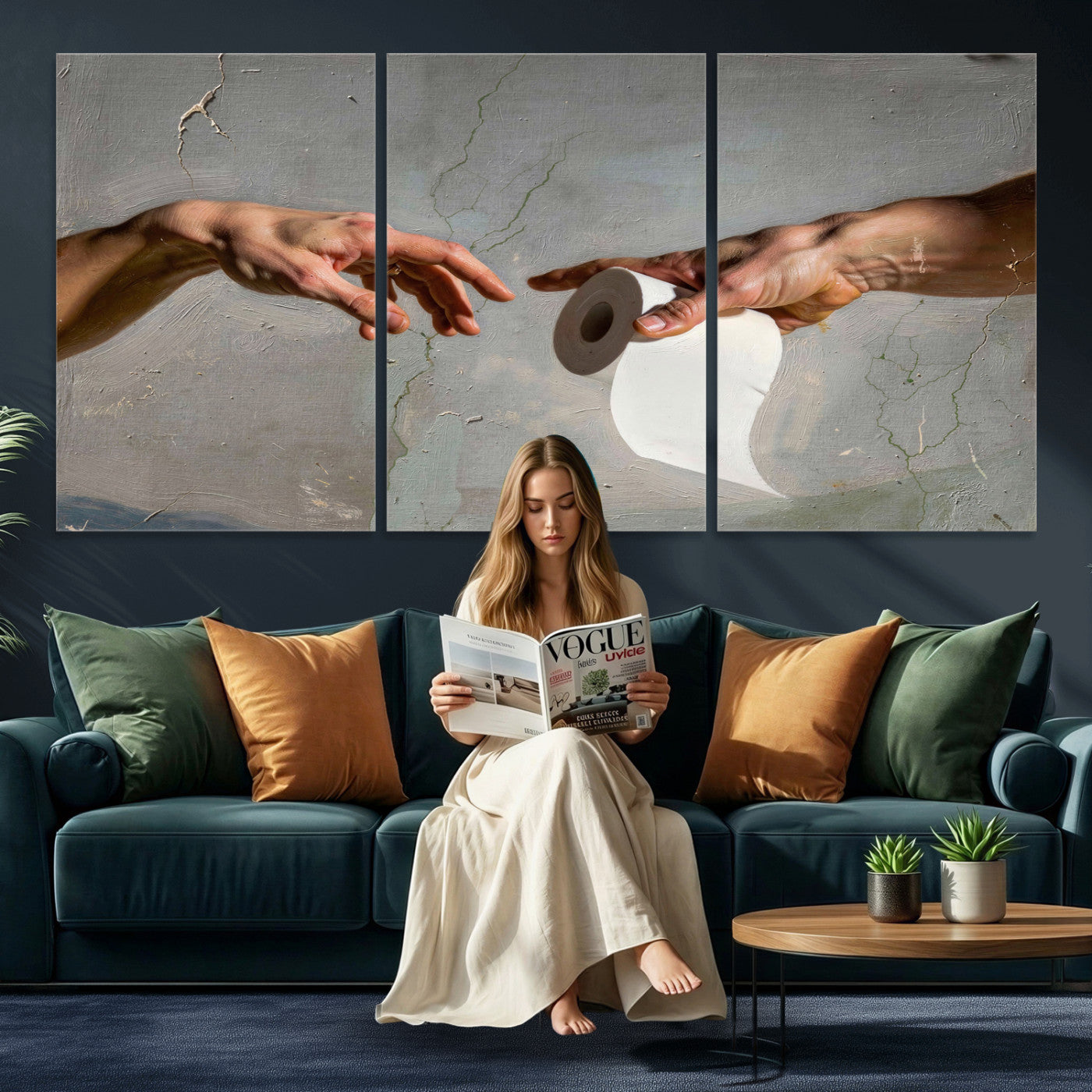 72030048-MGV-CV-36X24 - Funny Bathroom Wall Art Canvas, Creation of Toilet Paper Parody Print, Renaissance Humor Decor, Toilet Room Art, Quirky Housewarming Gift, Classic Art Spoof