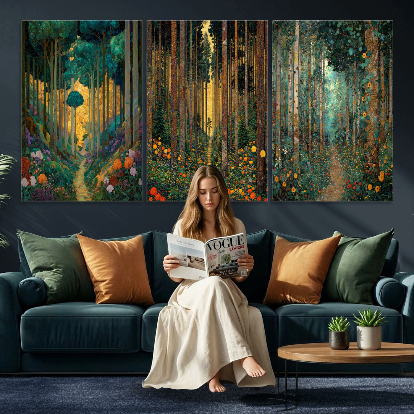 79483321-MGV-CV-60X30-3P - Gustav Klimt Style Forest Canvas Wall Art, Golden Forest Path Floral Art Nouveau Print, Enchanted Woodland Decor, Maximalist Colorful Nature Art