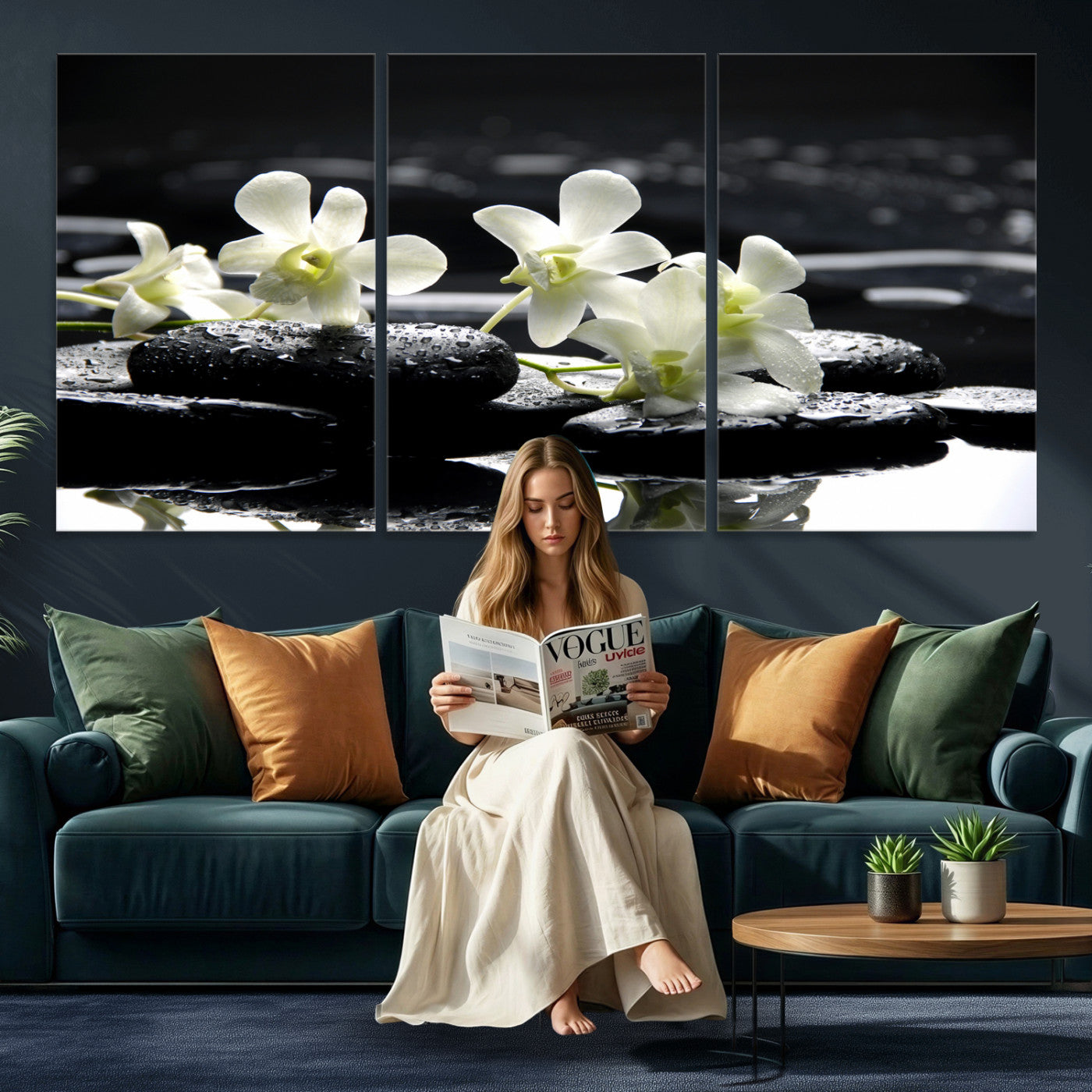 79486206-MGV-CV-36X24 - Plumeria Frangipani Black Stone Canvas | White Flower Spa Photography Print | Tropical Zen Wall Art | Grey Pebble Floral for Meditation Room Decor