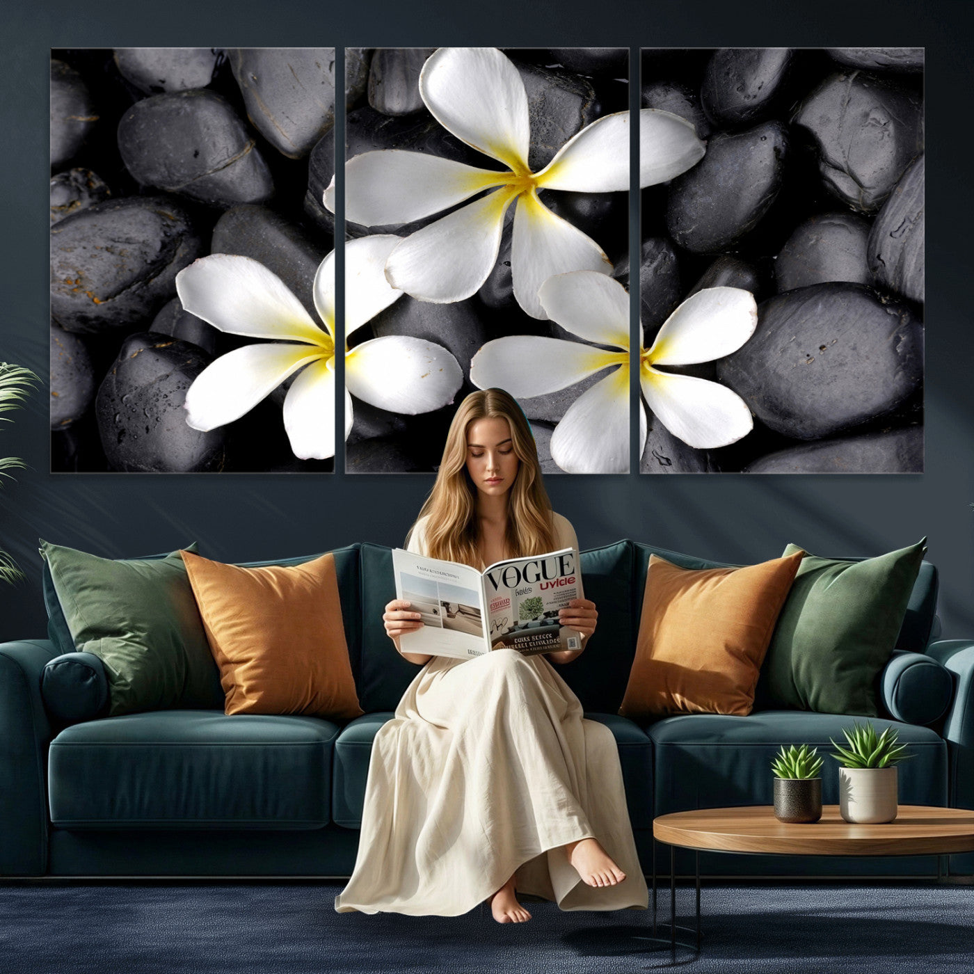 43639613-MGV-CV-36X24 - Plumeria Frangipani Black Stone Canvas | White Flower Spa Photography Print | Tropical Zen Wall Art | Grey Pebble Floral Decor