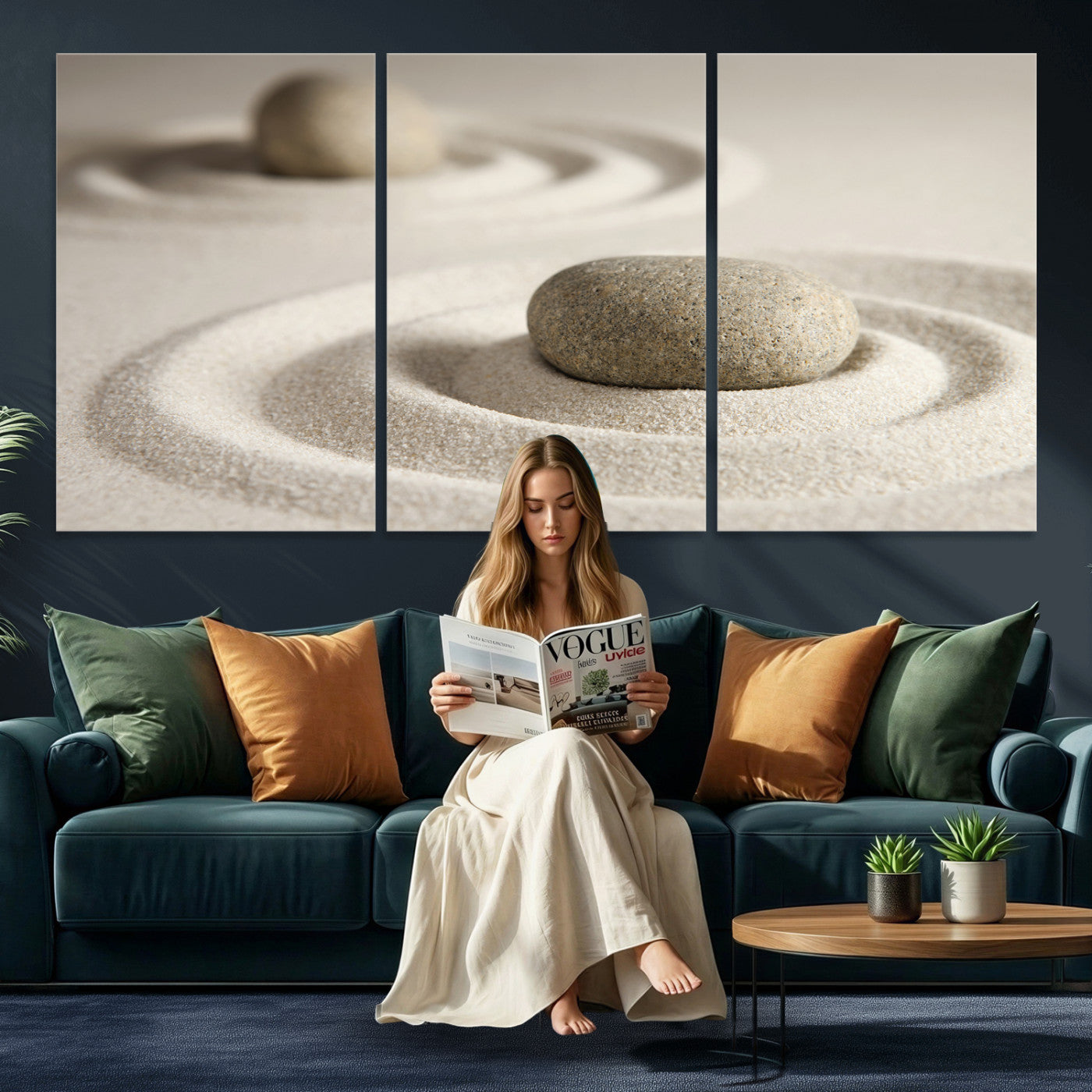 13397966-MGV-CV-36X24 - Zen Garden Stone Sand Canvas | Japanese Rock Garden Wall Art | Minimalist Meditation Print | Neutral Beige Mindfulness Decor