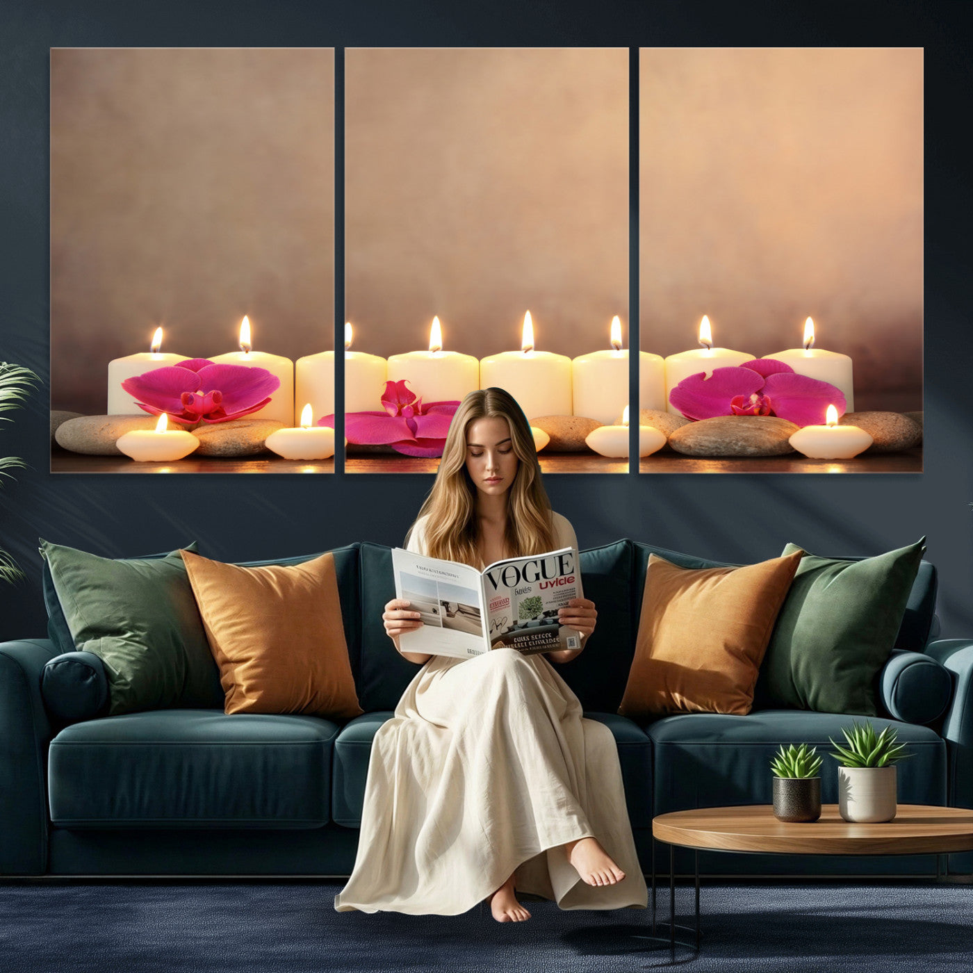 59470569-MGV-CV-36X24 - Spa Candles Orchid Canvas Print | Zen Wellness Relaxation Wall Art | Pink Flower Candlelight Bathroom Decor | Calm Beige Photography