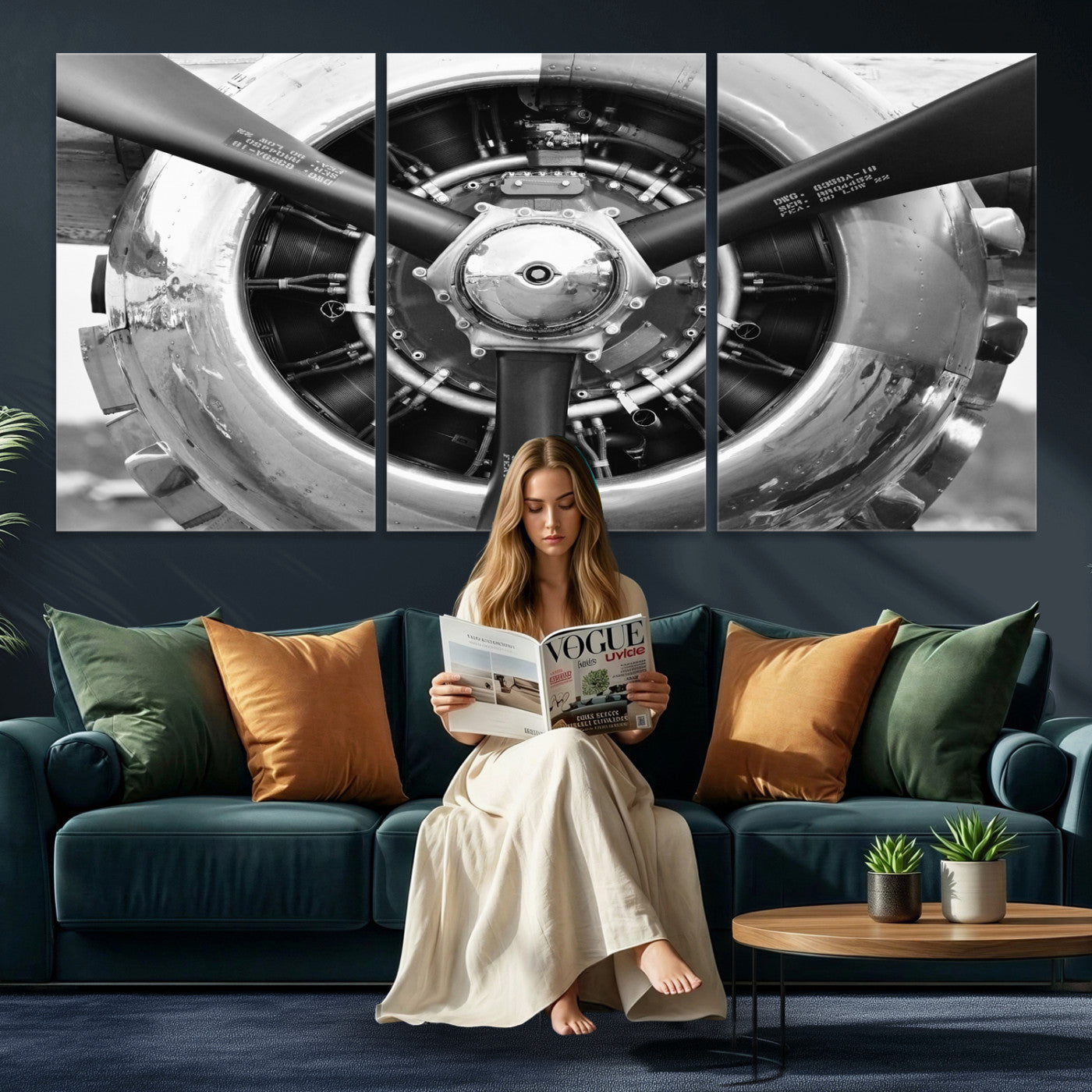 73322230-MGV-CV-36X24 - Vintage Propeller Plane Wall Art Canvas Print, Black and White Airplane Engine Close Up Framed Aviation Artwork for Pilot Office Hangar Decor