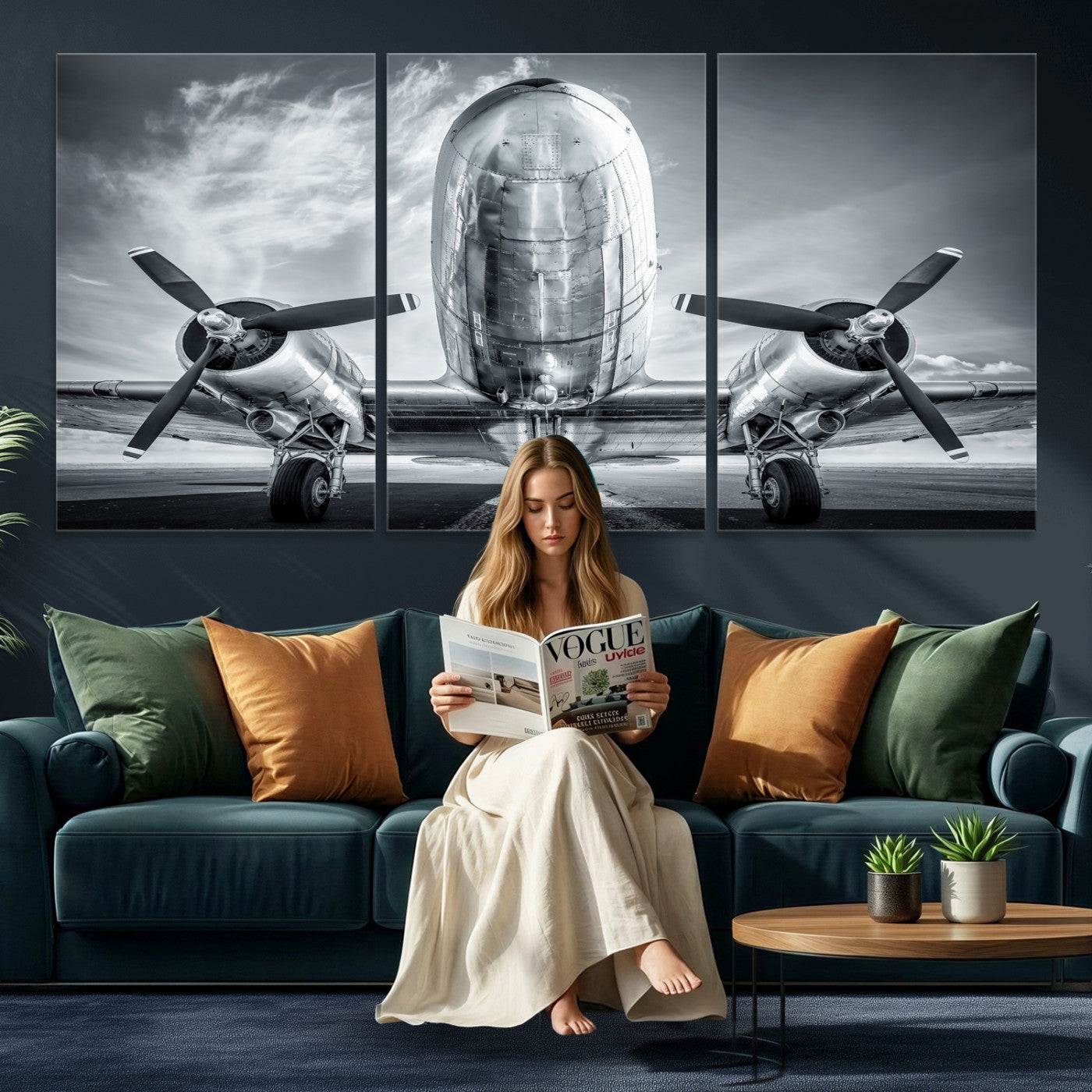 59729636-MGV-CV-36X24 - Vintage Propeller Plane Wall Art Canvas Print, Black and White Airplane Engine Close Up Framed Aviation Artwork for Pilot Office Hangar Decor