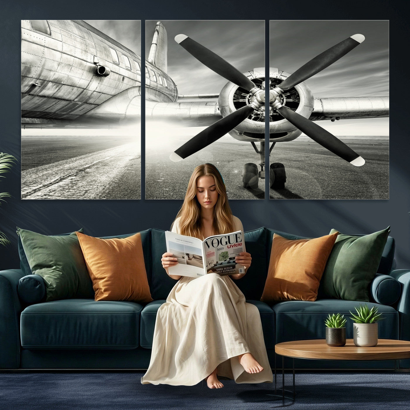 16420255-MGV-CV-36X24 - Vintage Airplane Wall Art Canvas Print, Black and White Propeller Aircraft Framed Aviation Artwork for Pilot Office Hangar Living Room Decor