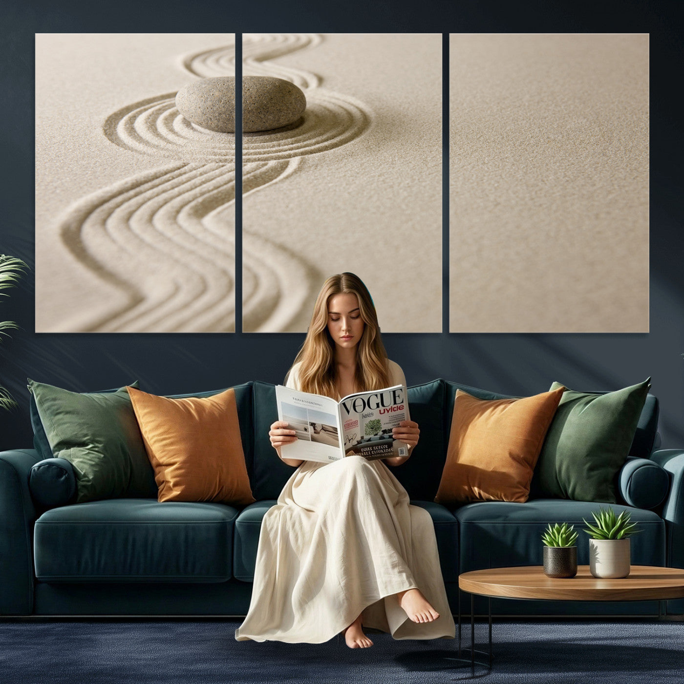 66852661-MGV-CV-36X24 - Zen Garden Stone Sand Canvas | Japanese Rock Garden Wall Art | Minimalist Meditation Print | Neutral Beige Mindfulness Decor