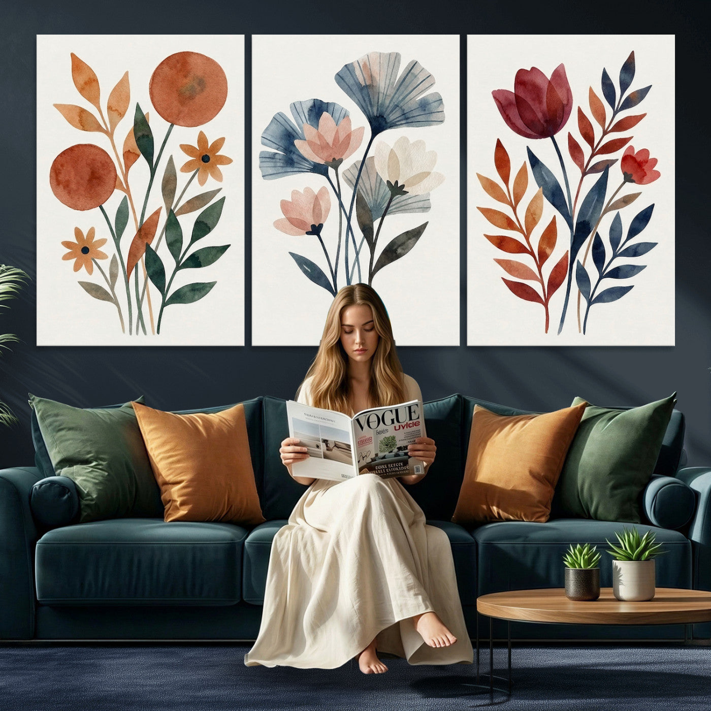 95190931-MGV-CV-60X30-3P - Watercolor Botanical Canvas Wall Art Set, Navy Terracotta Floral Triptych Print, Minimalist Flower Decor, Boho Living Room Art, Scandinavian Nature Print