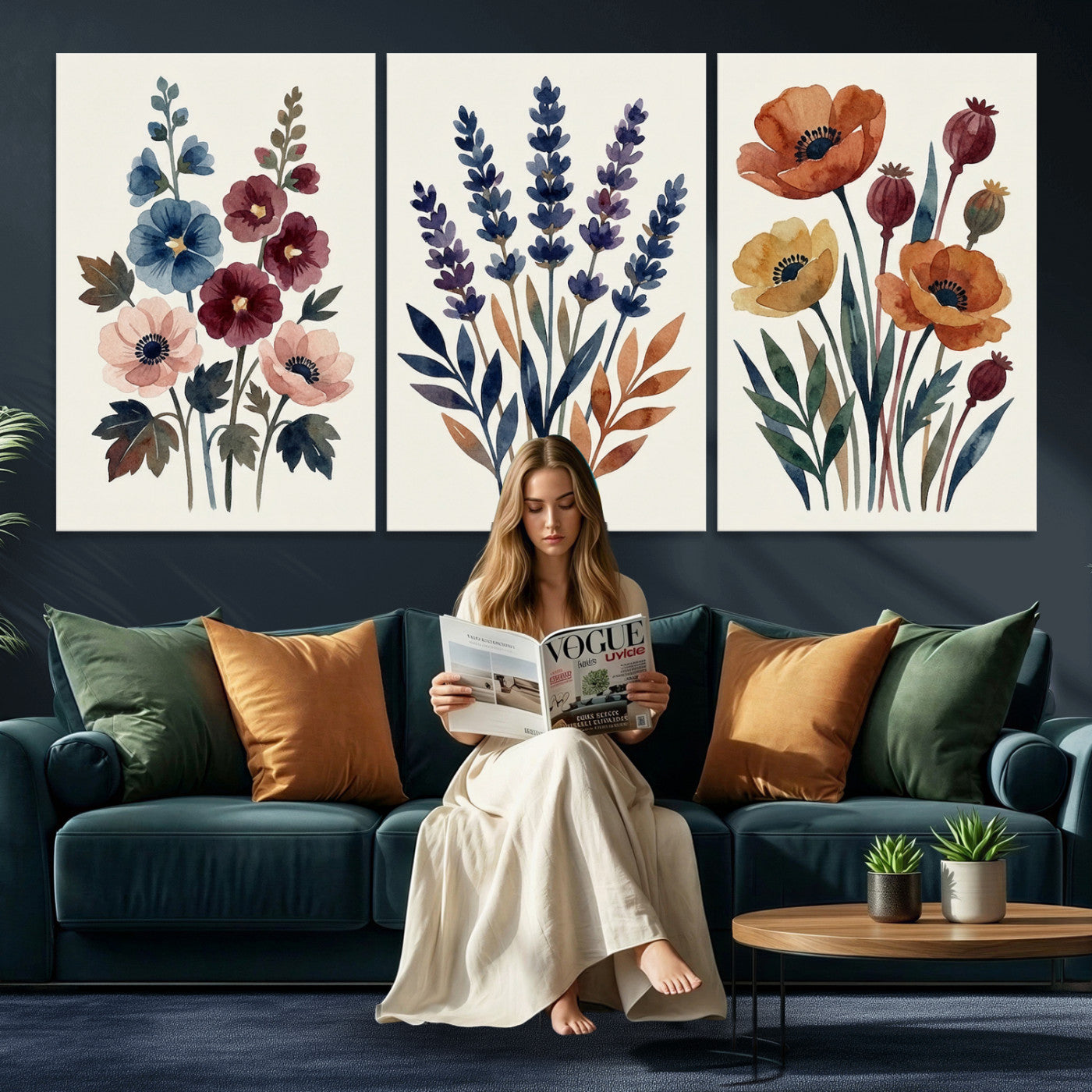 66468390-MGV-CV-60X30-3P - Watercolor Botanical Canvas Wall Art Set, Navy Terracotta Floral Triptych Print, Minimalist Flower Decor, Boho Living Room Art, Scandinavian Nature Print