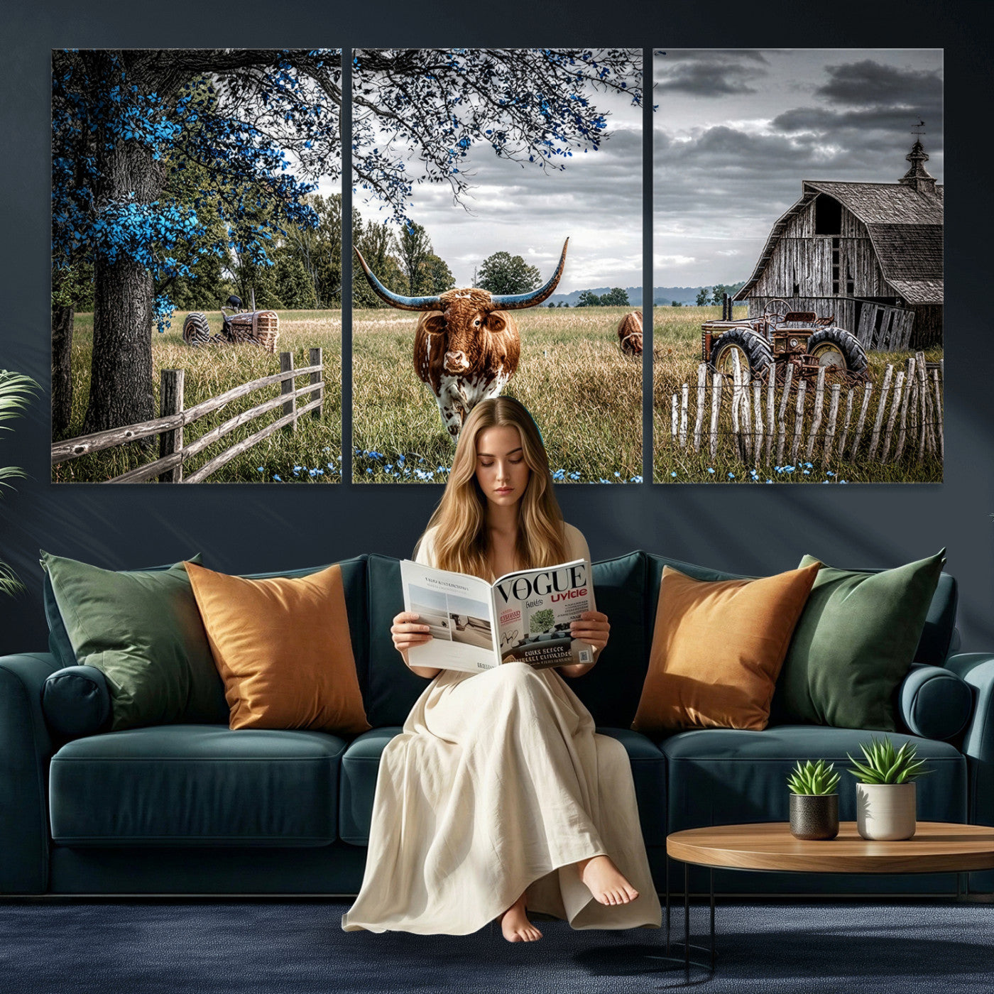 40526446-MGV-CV-60X30-3P - Texas Longhorn Canvas Wall Art, Rustic Farm Barn Bluebonnet Photography Print, Farmhouse Country Decor, Western Ranch Art, Old Truck Tractor Print